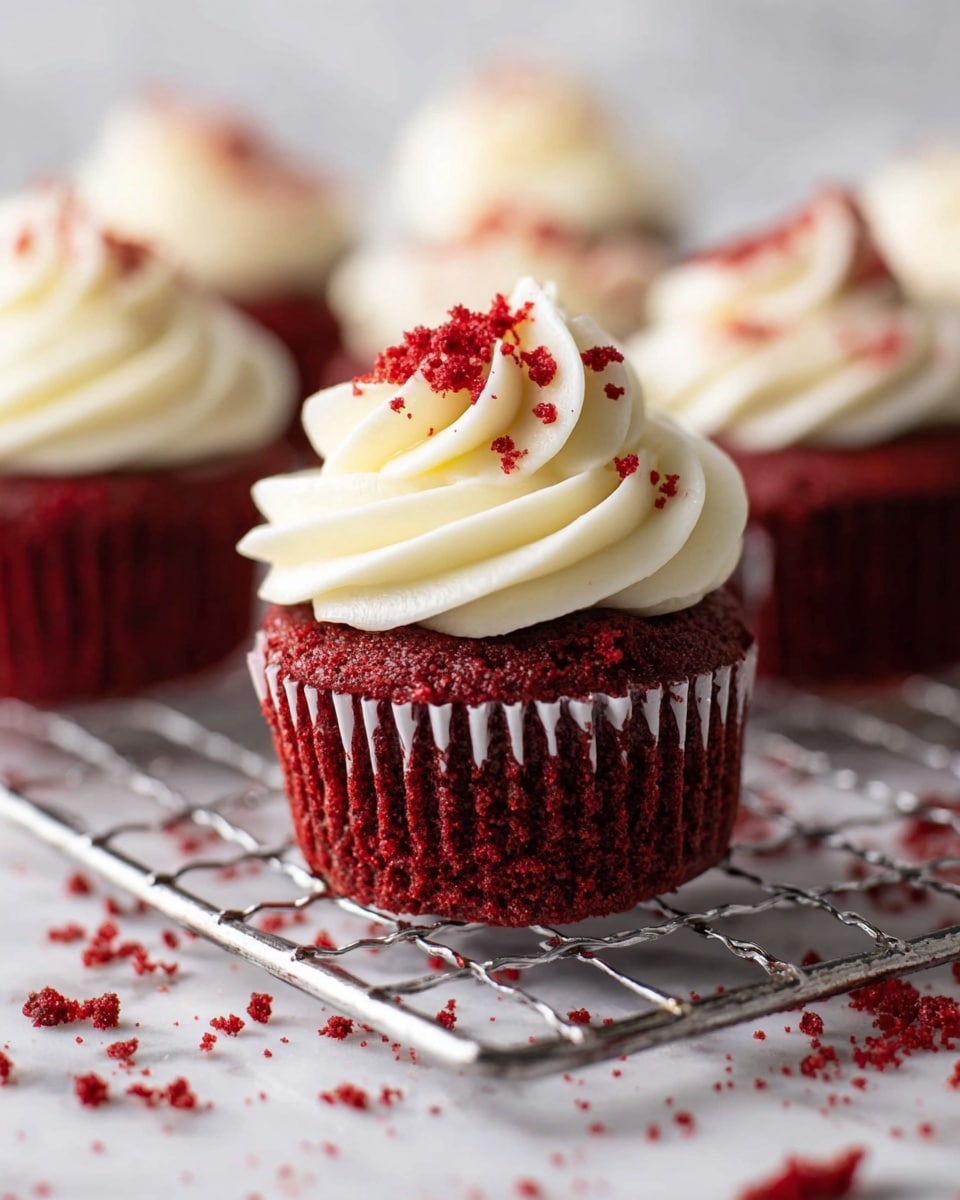 A close-up view of a red velvet cupcake resting on a silver cooling rack over a white marbled surface. The cupcake has one thick base layer of rich deep red cake with a slightly textured surface, topped with a swirl of creamy white frosting that stands about half the cupcake's height. Small red cake crumbs are sprinkled on top of the frosting and scattered around the cupcake on the white marbled surface. In the background, several more red velvet cupcakes with the same frosting and crumb decoration are softly blurred, adding depth to the image. Photo taken with an iphone --ar 4:5 --v 7