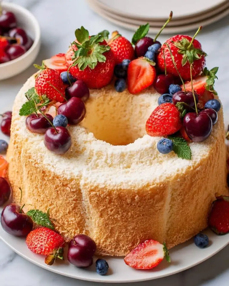 Elegant Angel Food Cake with Whipped Cream and Fresh Garnishes Recipe