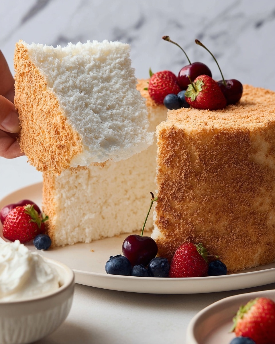 The image shows a tall, fluffy, light brown cake with a coarse texture on the outer surface and a soft, white, airy inside. One thick slice is being lifted, showing the cake’s height and texture clearly. Around the cake on a white plate are fresh red strawberries, dark blue blueberries, and bright red cherries, adding fresh color to the scene. The background has a white marbled texture, and a white bowl with a dollop of cream is visible to the side. The photo taken with an iphone --ar 4:5 --v 7