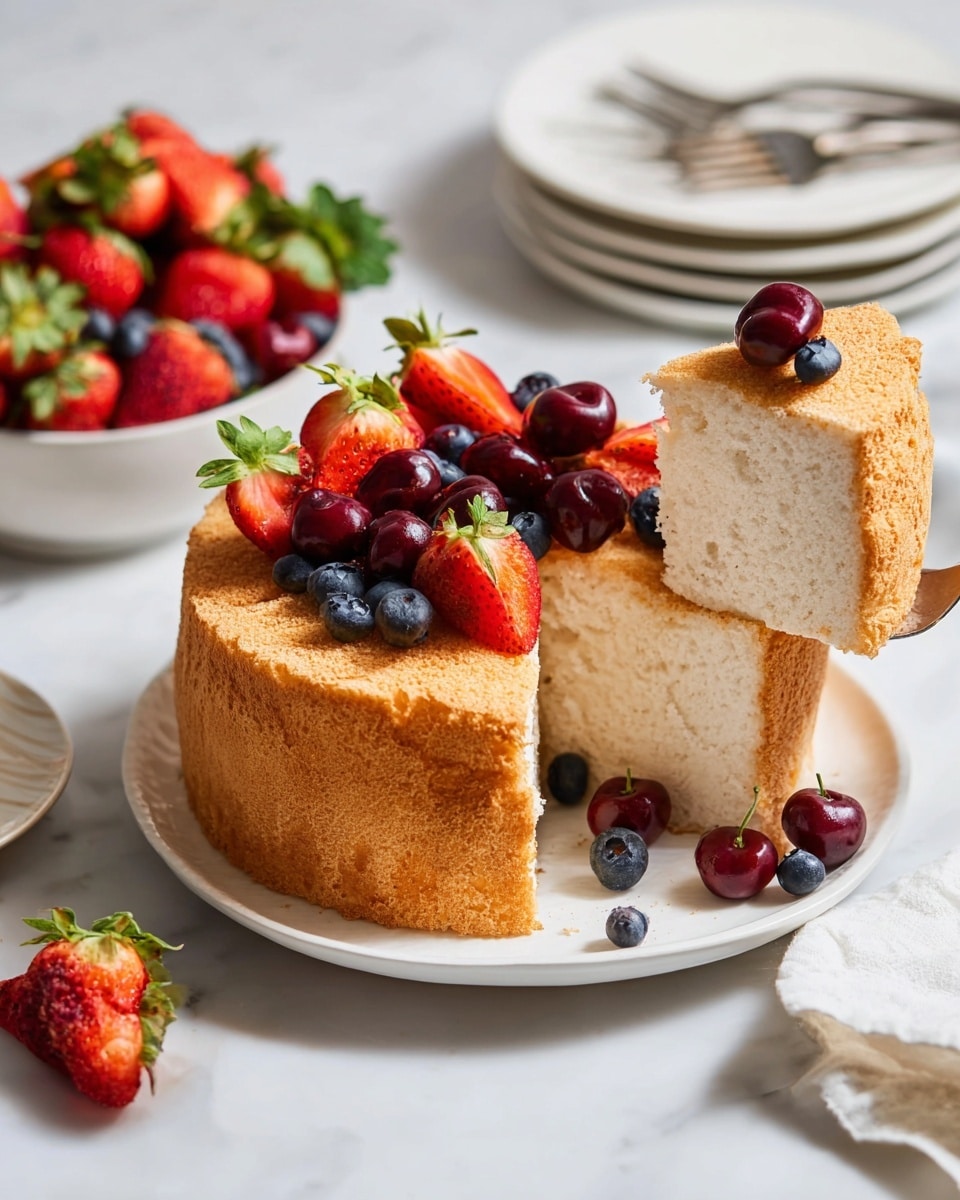 The image shows a light brown sponge cake with a soft texture and a single visible layer. The top of the cake is decorated with fresh red strawberries, dark red cherries, and small blue blueberries, which also spill onto the white plate around the cake. A slice of the cake is being lifted, revealing the airy, white inside. In the background, there are stacked white plates with metal forks and a white marbled surface underneath. Another plate filled with more strawberries, blueberries, and cherries is also slightly visible. Photo taken with an iphone --ar 4:5 --v 7