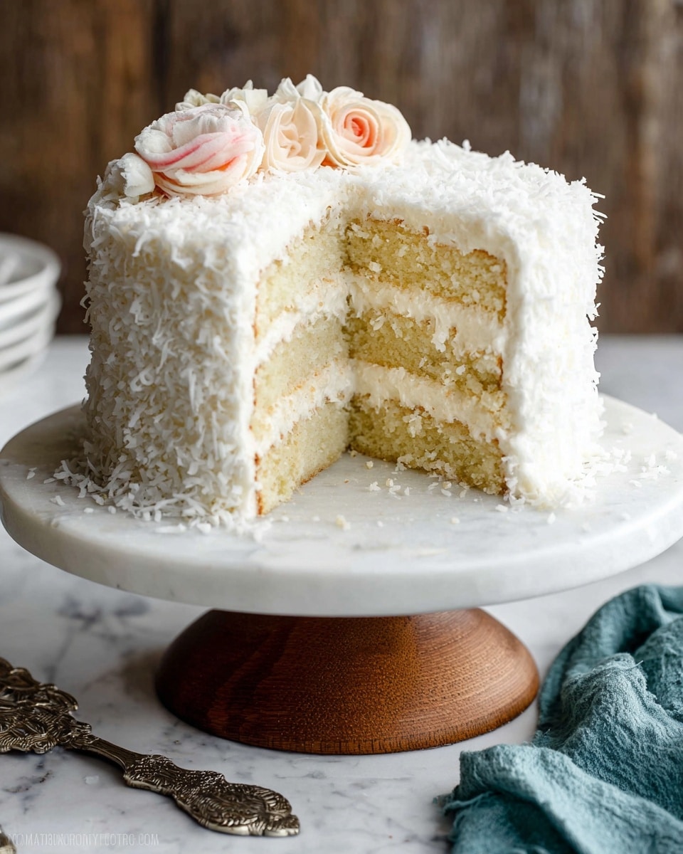 A white frosted cake with three visible layers of light yellow sponge separated by creamy white filling is shown on a round white marble cake stand with a wooden base. The outside of the cake is covered with a textured white coating, likely shredded coconut, giving it a fluffy look. On top, there are delicate pale pink and white rose-shaped decorations placed near the edge. The cake has a slice missing, showing the inside layers clearly. The background features a white marbled surface and a blurred wooden texture. Next to the cake stand, there is an ornate silver cake server and a teal cloth. Photo taken with an iphone --ar 4:5 --v 7