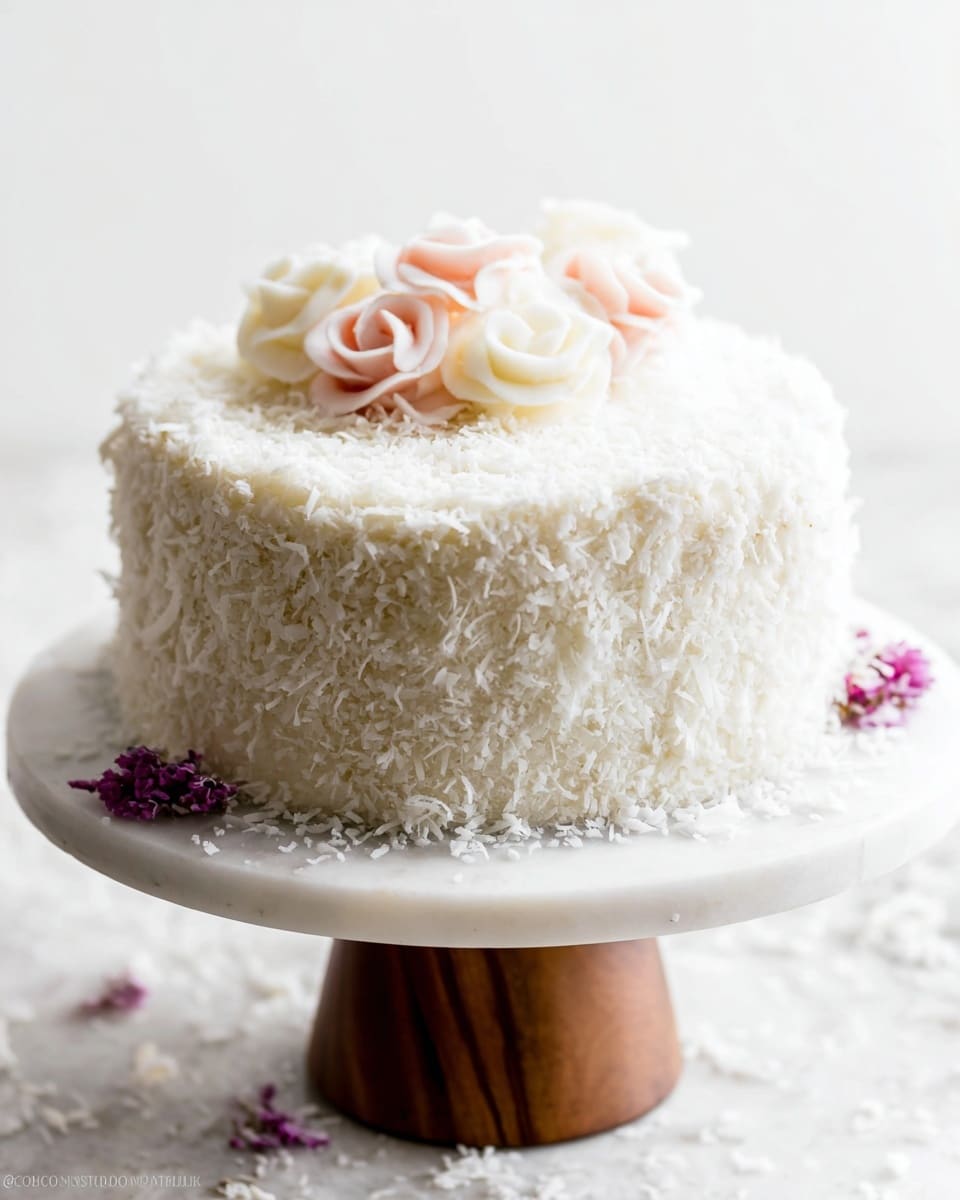 A round cake with one visible layer, covered fully in white shredded coconut that gives a rough texture on the outside. On top of the cake, there are six decorative rose-shaped icing flowers in soft colors, including white and light pink, arranged in a small cluster near the center. The cake is placed on a white marble cake stand with a wooden base. A few small purple flowers rest on the edge of the stand, adding a delicate touch. The scene is set against a white marbled surface background. photo taken with an iphone --ar 4:5 --v 7