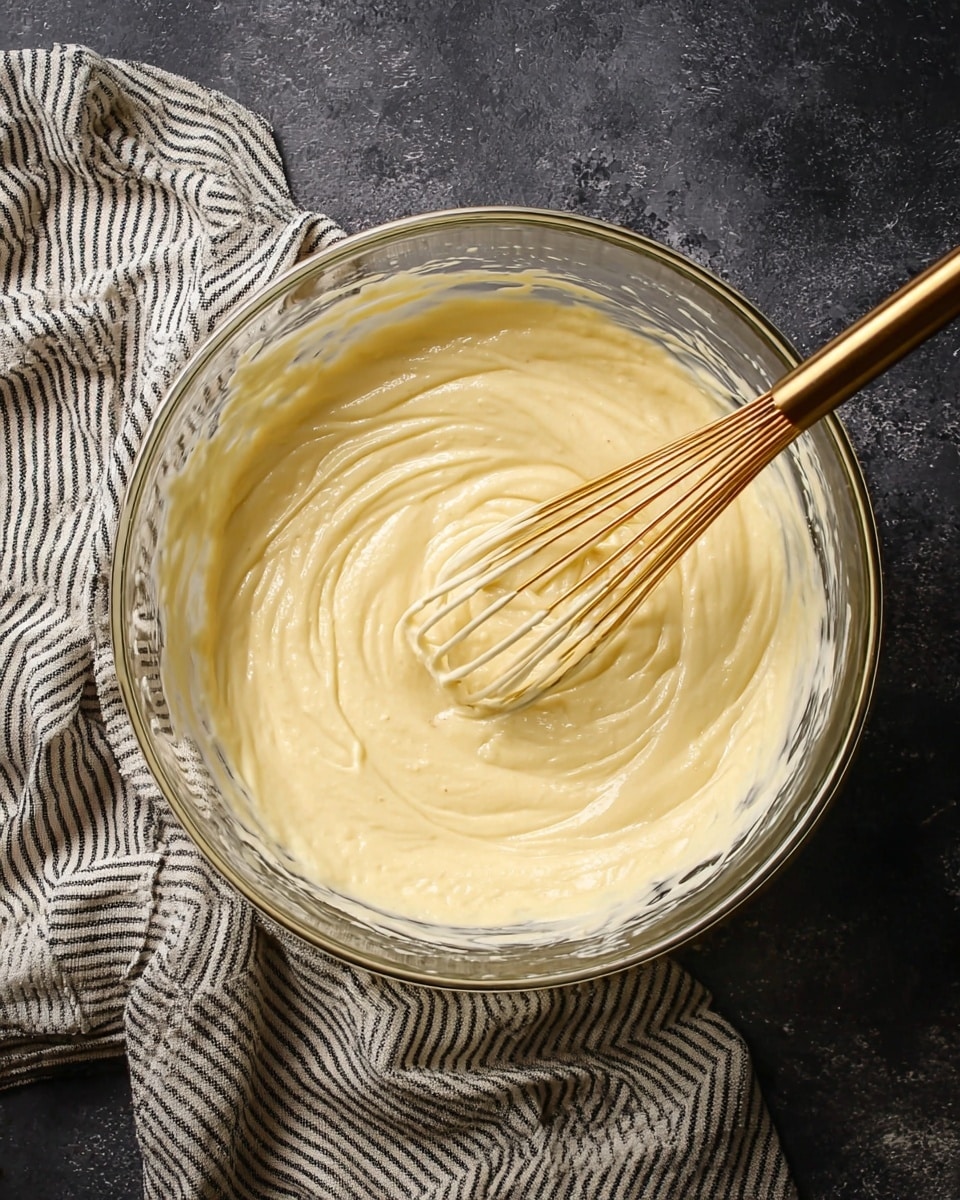 A large clear glass bowl filled with a smooth, creamy light yellow batter that has soft, swirling textures on the surface. A golden whisk is partly submerged in the batter, showing creamy traces on its wires. The bowl sits on a dark textured surface with a light beige cloth featuring black stripes casually placed next to it. The photo taken with an iphone --ar 4:5 --v 7