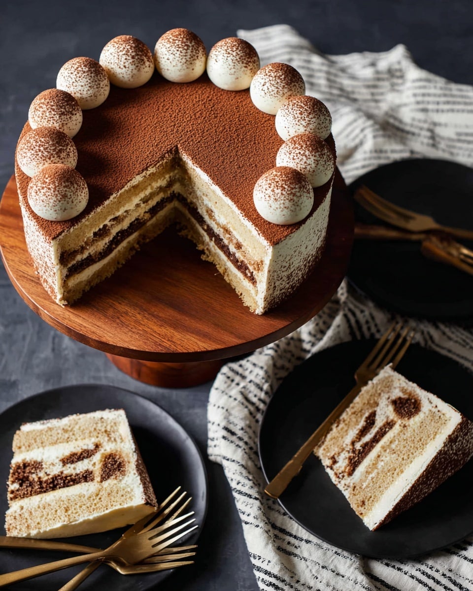 A round layered cake with four visible layers, alternating light cream and darker cake layers, topped with a smooth cream layer dusted with cocoa powder. One slice is removed, showing the neat layers. On top of the cake, there are multiple dollops of white cream, varying in size, and also dusted lightly with cocoa powder, arranged around one side of the cake’s edge. The cake sits on a wooden cake stand set on a dark surface with a striped cloth nearby. Two black plates hold slices of the same cake, with shiny forks placed beside them on the dark surface and a light-colored cloth underneath one plate. Photo taken with an iphone --ar 4:5 --v 7