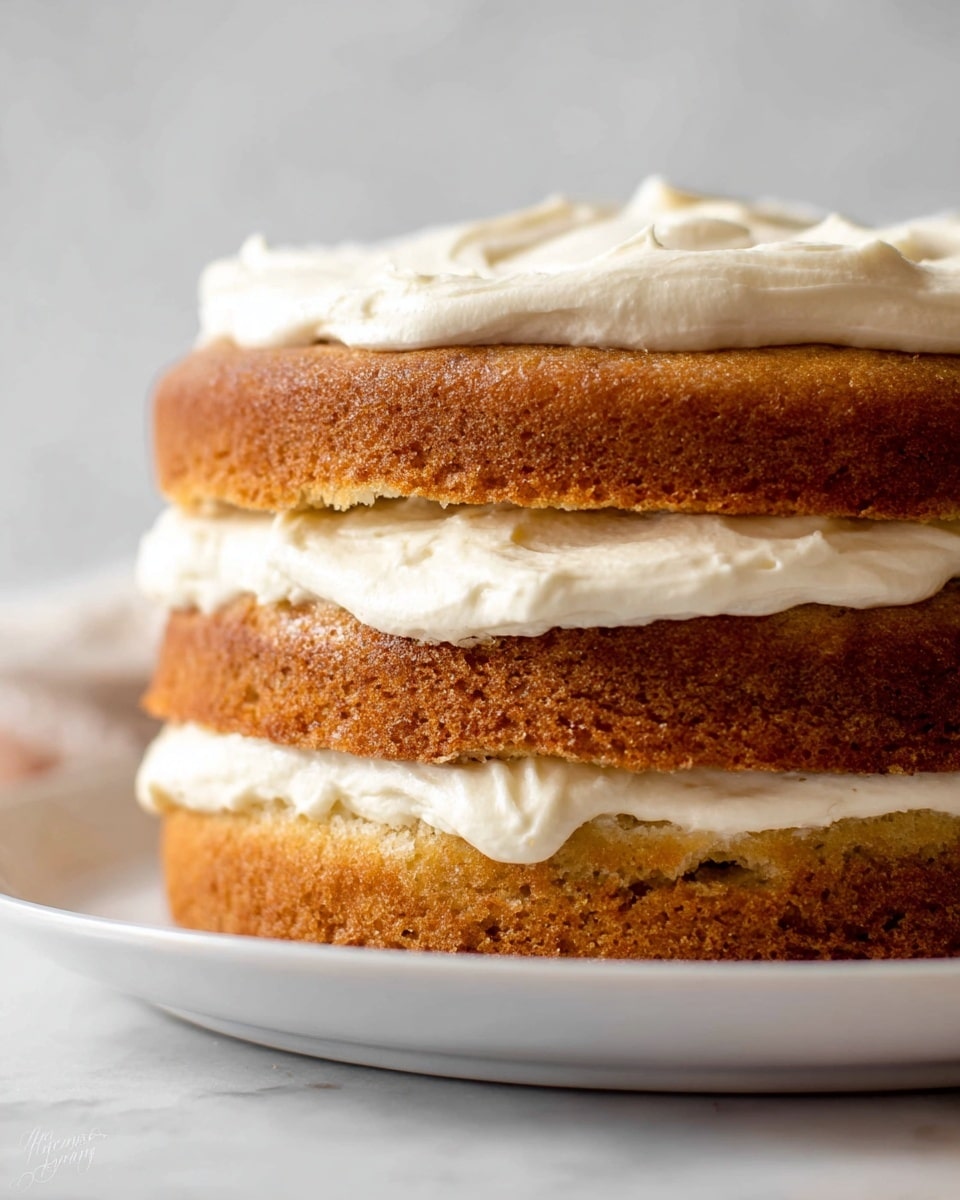 A three-layer cake sits on a white plate with a white marbled background. Each layer is golden brown with a soft, slightly porous texture. Between the bottom and middle layer, there is a thick spread of smooth, creamy white frosting that slightly peeks out. Another thick layer of the same frosting sits between the middle and top cake layer, extending just beyond the edges. On top, there is a generous, uneven spread of creamy white frosting with soft peaks and swirls, showing a rich and fluffy texture. photo taken with an iphone --ar 4:5 --v 7