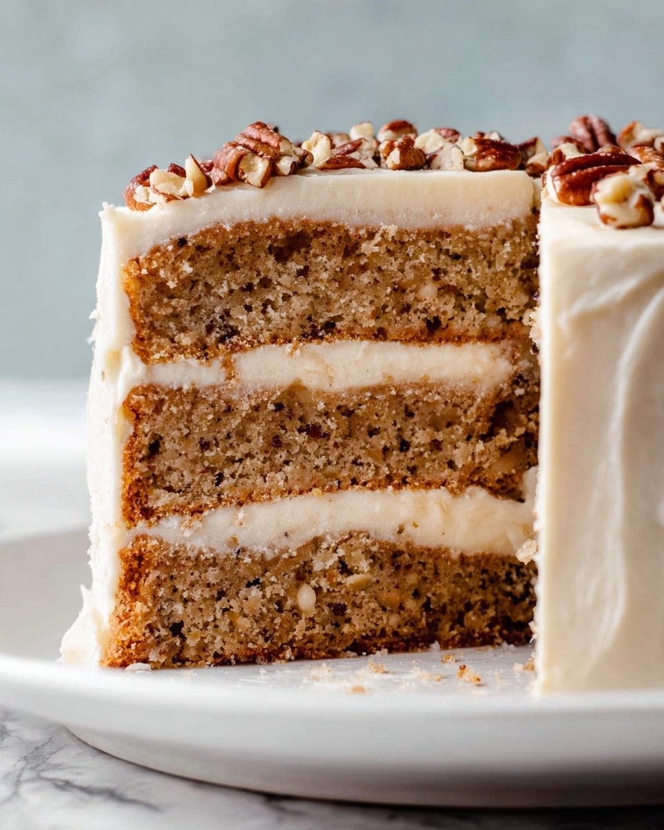 The image shows a three-layered cake on a white plate with a white marbled background. Each cake layer is light brown with a coarse texture, containing small visible nuts or grains. Between and on top of the cake layers is a thick, creamy white frosting, smooth and slightly swirled. The top of the cake is decorated with chopped pecans spread around, adding a dark brown contrast. The right side of the cake is missing a slice, showing the inside layers clearly. Photo taken with an iphone --ar 4:5 --v 7