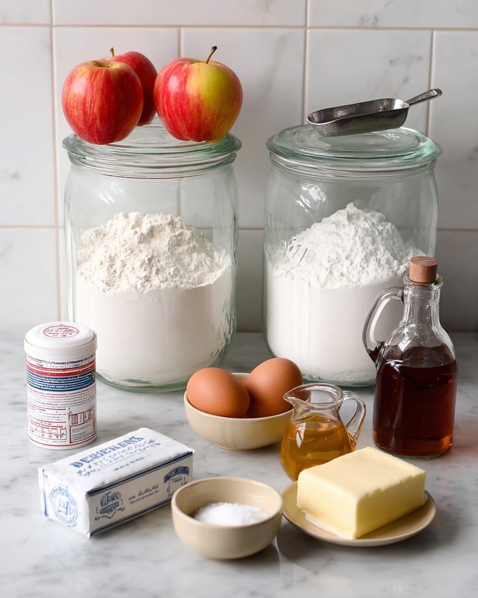 On a white marbled surface, there are two large clear glass jars filled with white powders, one containing flour with a large metal scoop inside, and the other filled with sugar stacked behind two large red and yellow apples. In front of the jars, from left to right, there is a white container of baking powder, a clear glass bowl with powdered sugar, a small beige bowl with salt, two brown eggs lying side by side, a stick of butter wrapped in white paper with blue and red text, a small clear glass pitcher filled with golden liquid, and a brown bottle of vanilla extract. The background is white tiled. photo taken with an iphone --ar 4:5 --v 7