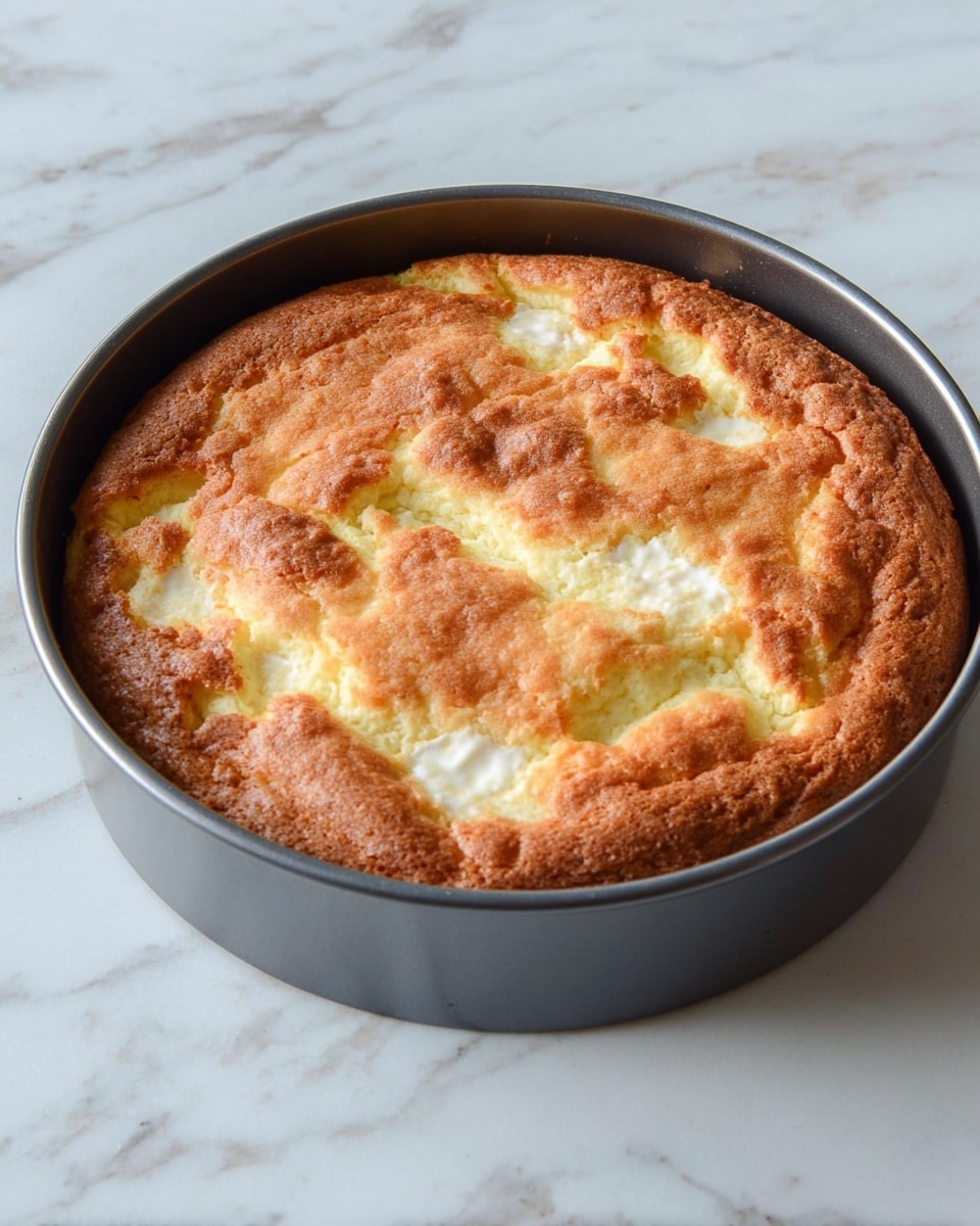 A round baked dessert with a golden brown, slightly cracked top layer that looks light and fluffy, inside a dark grey baking pan. The dessert has small patches of lighter cream color peeking through the top layer. The baking pan is placed on a white marbled surface. Photo taken with an iphone --ar 4:5 --v 7