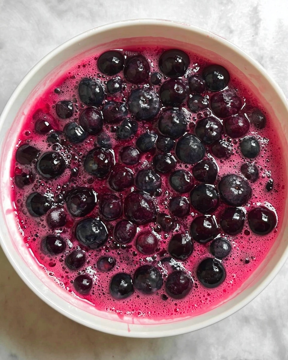 A white bowl filled with a thick layer of dark purple blueberries sitting in a vivid, bright pink juice or syrup that looks foamy and bubbly around the berries and on the sides of the bowl. The blueberries vary in size and appear shiny and wet, floating in the pink liquid that colors part of the white bowl’s edges. The bowl is placed on a white marbled surface. photo taken with an iphone --ar 4:5 --v 7