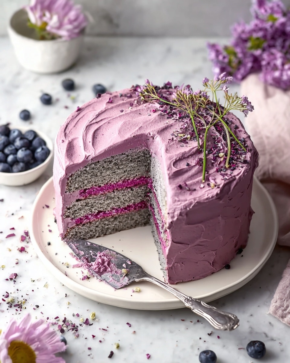 A round two-layer cake sits on a white plate over a white marbled surface; the cake has soft purple frosting fully covering it with a smooth, swirled texture. Inside, each cake layer is grayish with a thin layer of deep pink filling between them. The top is decorated with a few thin green stems with tiny purple buds, and some crushed dark and pink bits sprinkled over the frosting. A small silver cake server with some purple crumbs rests on the plate next to the cake. Blueberries in a small container and scattered on the surface along with purple flowers add color to the scene. photo taken with an iphone --ar 4:5 --v 7