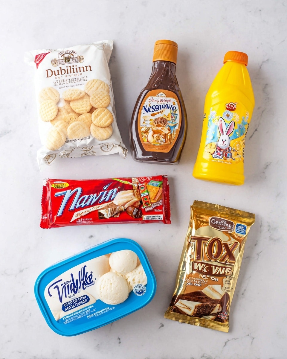 The image shows six items arranged on a white marbled surface. At the top left is a white bag of Dublin shortbread cookies with golden brown cookies pictured on the front. In the center top is a brown bottle of caramel syrup with a colorful label including images of caramel drizzle over dessert. To the top right is a yellow bottle of Nesquik chocolate syrup featuring a cartoon bunny. Below to the left is a red and white rectangular wrapped stick of salted sweet cream butter. Bottom left is a blue and white oval container of Great Value vanilla bean ice cream with scoops of ice cream visible on the label. Lastly, on the bottom right is a shiny golden bag of Twix Minis with images of the candy bars on the front. photo taken with an iphone --ar 4:5 --v 7