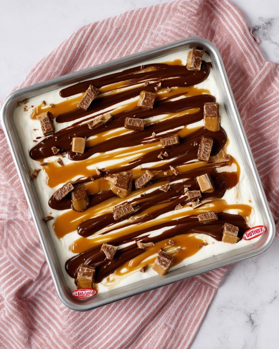The image shows a square metal tray filled with a smooth white creamy layer as the base. On top, there are thick, uneven stripes of dark brown chocolate sauce and golden caramel sauce spread across the surface in alternating lines. Scattered on the sauces are small chopped pieces of Twix candy bars, showing the chocolate coating, caramel, and biscuit layers inside. The tray is placed on a soft pink and white striped cloth, all sitting on a white marbled surface. Photo taken with an iphone --ar 4:5 --v 7