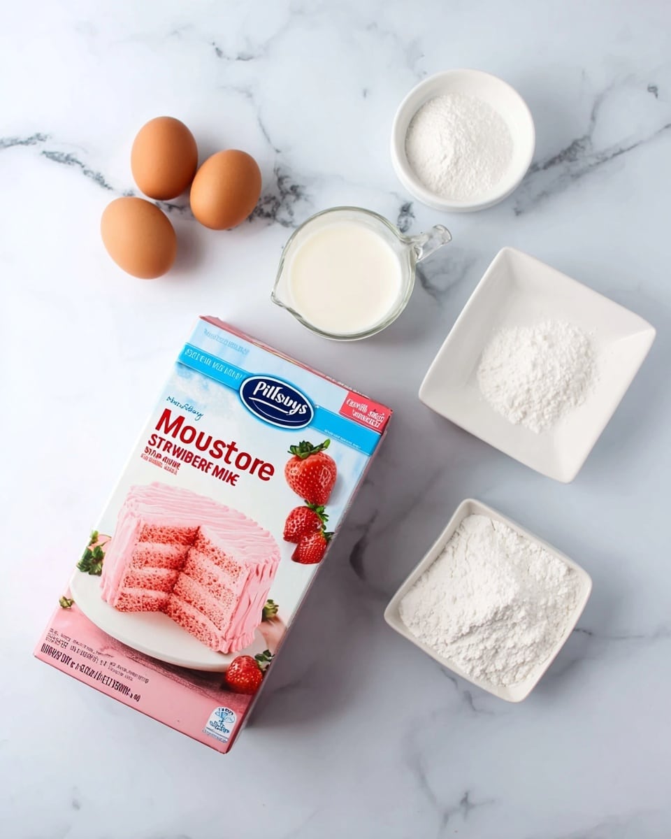 A flat lay of baking ingredients arranged on a white marbled surface with a box of Pillsbury Moist Supreme Strawberry Cake Mix in the center. To the left, there is a small white bowl holding two brown eggs above a white measuring cup filled with a white liquid, likely milk. On the right side, there is a small white bowl of white powdered sugar at the top and a small white square dish containing a white powder, possibly baking powder, below it. The cake mix box features a two-layer pink strawberry cake with pink frosting on a white plate shown in the box design. Photo taken with an iphone --ar 4:5 --v 7