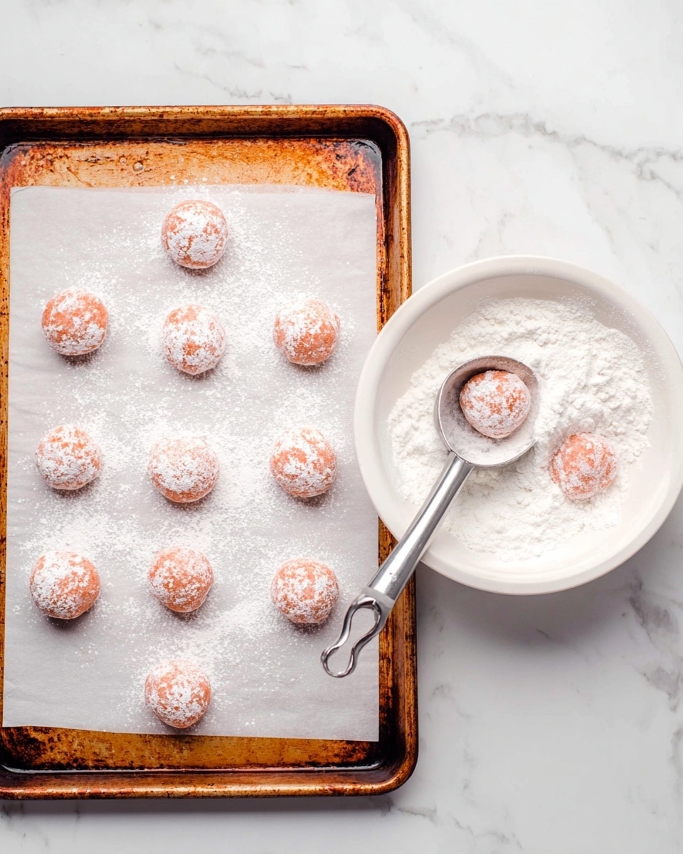 A rusty baking tray lined with white parchment paper holds eleven round dough balls dusted in white powder, arranged in a loose grid. The dough balls are pinkish-orange in color with a dusting of white coating. To the right of the tray, there is a white bowl filled with white powder, containing two dough balls partially covered in the powder. A silver ice cream scoop holds one dusted dough ball above the tray, ready to be placed. The scene is set on a white marbled surface. Photo taken with an iphone --ar 4:5 --v 7