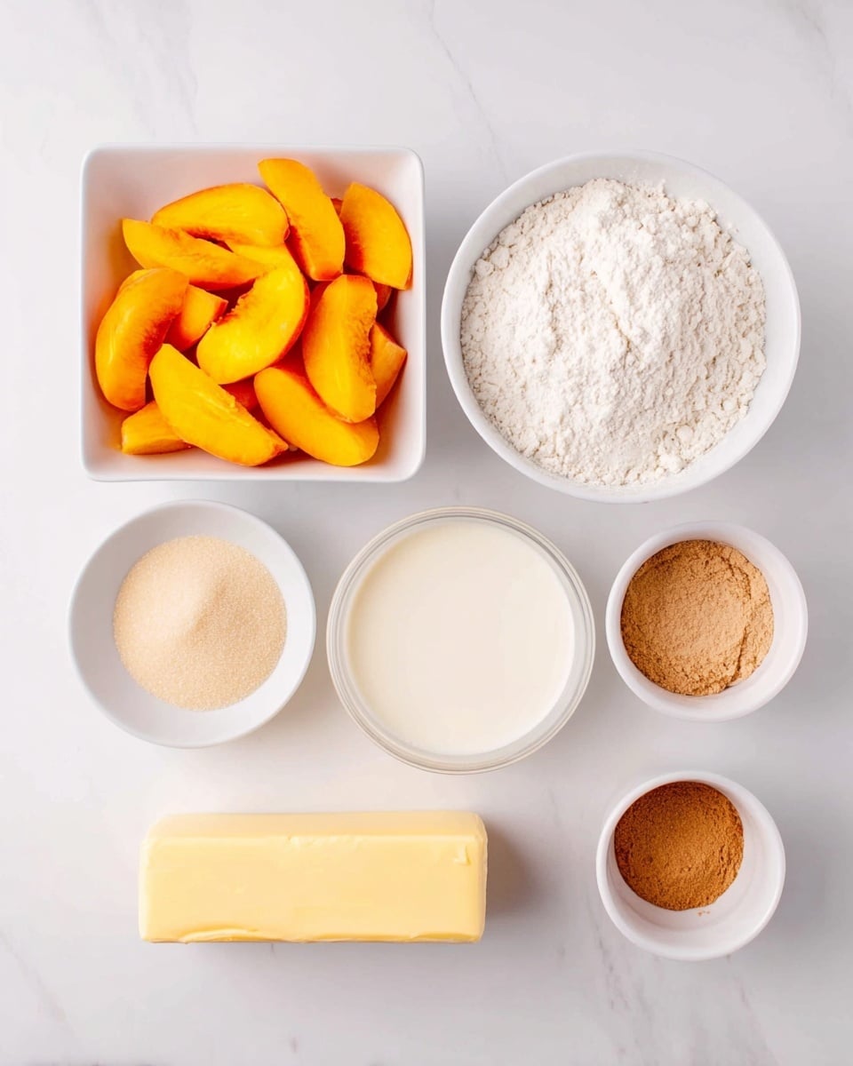 The image shows seven white bowls and a stick of butter arranged on a white marbled surface. The top left bowl is square and filled with bright orange sliced peaches, showing smooth, juicy textures. To its right is a round bowl full of fine white flour with a soft powdery look. Below the peaches, there is a small round bowl with light tan granulated sugar, and next to it, a round bowl of creamy white milk with a smooth surface. On the right side, there are two small round bowls stacked vertically; the top contains a light brown powder, and the bottom holds a darker brown powder, both with a fine texture. At the bottom edge is a pale yellow stick of butter in its wrapper, placed horizontally. The setup is neat with bright lighting, casting soft shadows. Photo taken with an iphone --ar 4:5 --v 7