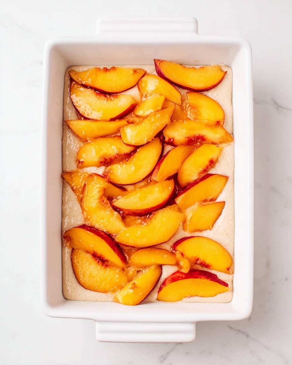A white rectangular baking dish holds a single thick layer of light beige batter spread evenly at the bottom. On top, there is a layer of fresh peach slices, bright orange with red patches near the edges, scattered across the entire surface. The peaches look juicy and soft, sitting slightly on the batter without sinking in. The dish is placed on a white marbled surface, and the scene is bright and clean. Photo taken with an iphone --ar 4:5 --v 7