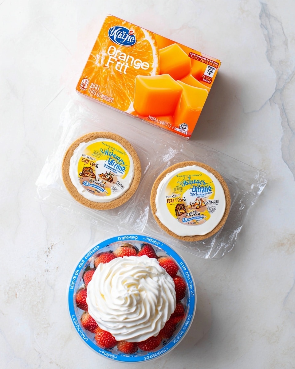 The image shows three packages arranged vertically on a white marbled surface: at the top is a small box of sugar-free orange gelatin dessert with bright orange graphics and images of orange gelatin cubes; in the middle are two mini graham pie crusts wrapped in clear plastic with a yellow label that has a cartoon character and text across it; at the bottom is a round container of whipped topping with a blue label featuring a swirl of white whipped cream on top of strawberries. photo taken with an iphone --ar 4:5 --v 7