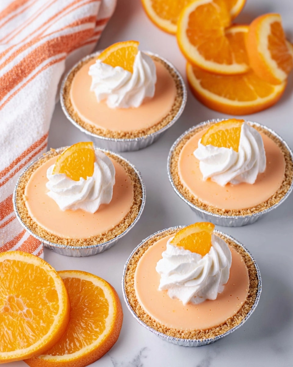 The image shows five small tarts in round silver foil cups, each with three clear layers. The outer edge is a light brown crumbly crust. Inside is a smooth, light orange filling that looks creamy. On top of each tart, there is a small swirl of white whipped cream with a fresh, bright orange slice piece placed on the cream. The tarts are placed on a white marbled surface near three extra slices of fresh orange and a white cloth with orange diagonal stripes. The photo taken with an iphone --ar 4:5 --v 7