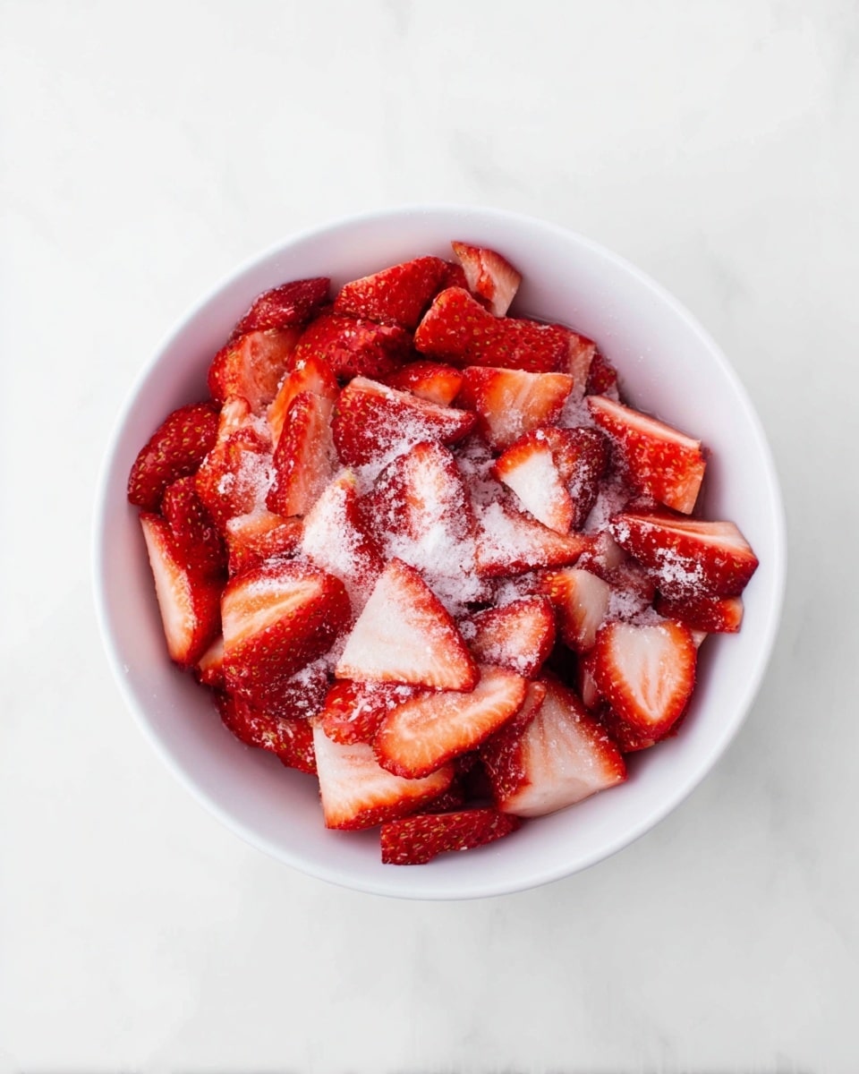 A white bowl filled with many pieces of red strawberries, sliced in different shapes and sizes. The strawberries cover the entire bowl and are dusted with granulated white sugar scattered unevenly on top. The bowl sits on a white marbled surface. The photo is taken from above, showing all the layers clearly. photo taken with an iphone --ar 4:5 --v 7