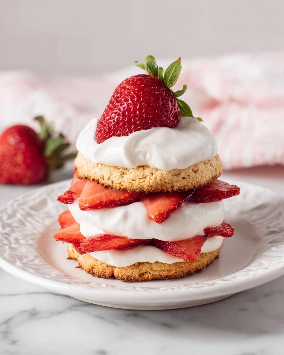 A three-layer dessert sits on a white plate with a decorative white plate beneath it, placed on a white marbled surface. The bottom layer is a golden-brown biscuit with a slightly rough texture. On top of it is a thick layer of smooth white cream with fresh red strawberry slices neatly arranged on it. The middle layer is another biscuit, similar in color and texture to the first, followed by another thick layer of white cream topped with more red strawberry slices. The dessert is finished with a third biscuit layer, topped with a dollop of white cream and a whole red strawberry with green leaves. The background is softly blurred with a light pink and white fabric. Photo taken with an iphone --ar 4:5 --v 7
