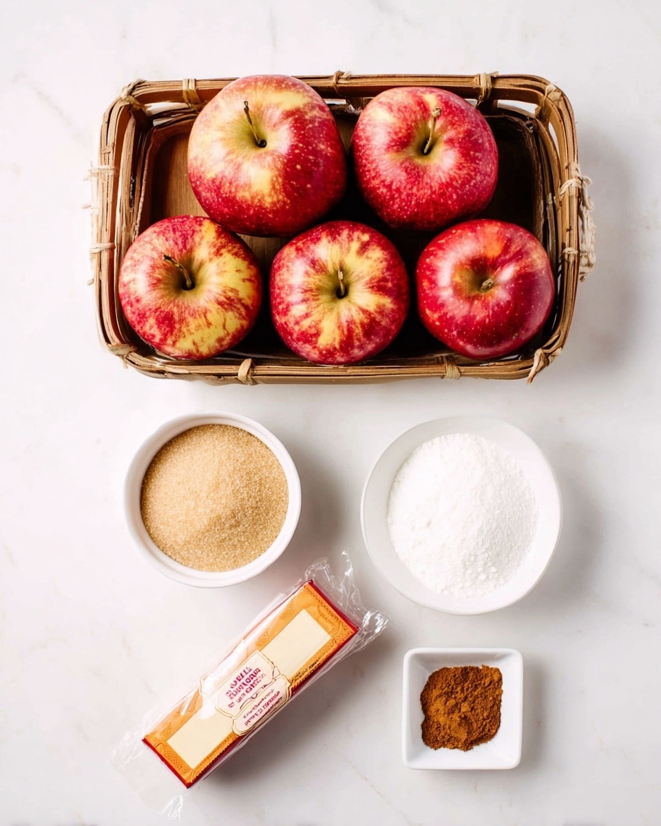 A top view shows a rectangular wooden basket filled with five red apples that have spots of yellow and green, placed on a white marbled surface. Below the basket, there is a small white bowl filled with light brown sugar on the left. Next to it, in the center, is a stick of salted sweet cream butter in orange and cream colored wrapping. To the right of the butter, a white bowl filled with white sugar is present. Below these, two small white square dishes hold spices: the left one has a pinch of brown and pink spices, and the right one contains a heap of ground cinnamon powder. All items are arranged neatly in a straight line. Photo taken with an iphone --ar 4:5 --v 7