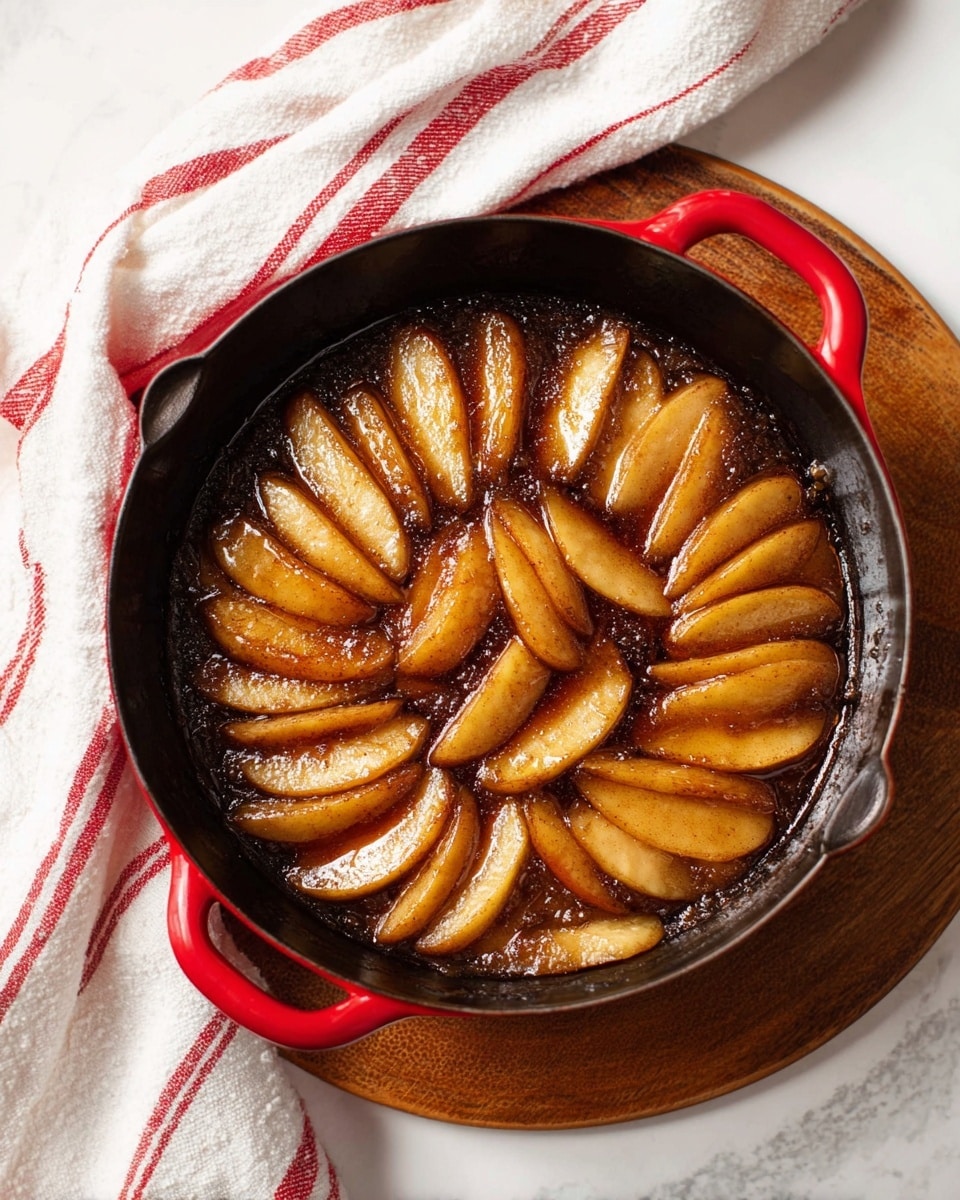A black cast iron pan filled with about three layers of thick apple slices cooked in a dark brown syrup that covers them evenly, making the apple slices shiny and tender. The pan has red handles and rests on a round wooden board. To the left of the pan, there is a white cloth with red stripes resting on a white marbled textured surface. The image has warm light highlighting the golden color of the apples and the dark caramel-like sauce around them photo taken with an iphone --ar 4:5 --v 7