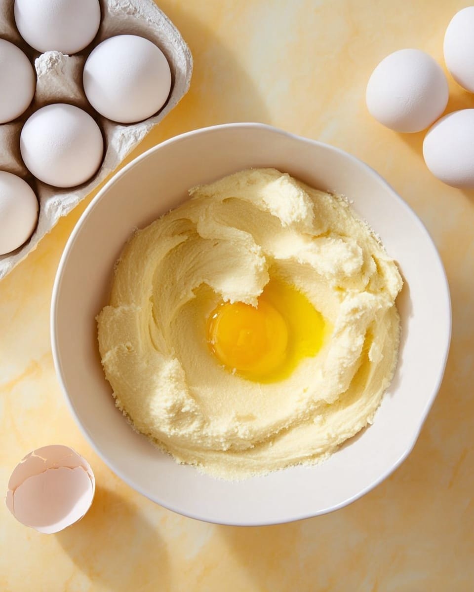 A white bowl placed on a white marbled surface contains a thick layer of creamy, pale yellow dough spread unevenly around the inside. In the center of the dough, a raw egg yolk with its clear white surrounds it, forming a bright yellow circular spot. Around the bowl, there is a carton holding several white eggs and one cracked empty eggshell on the side. The background is soft and yellow, suggesting a warm kitchen setting. photo taken with an iphone --ar 4:5 --v 7