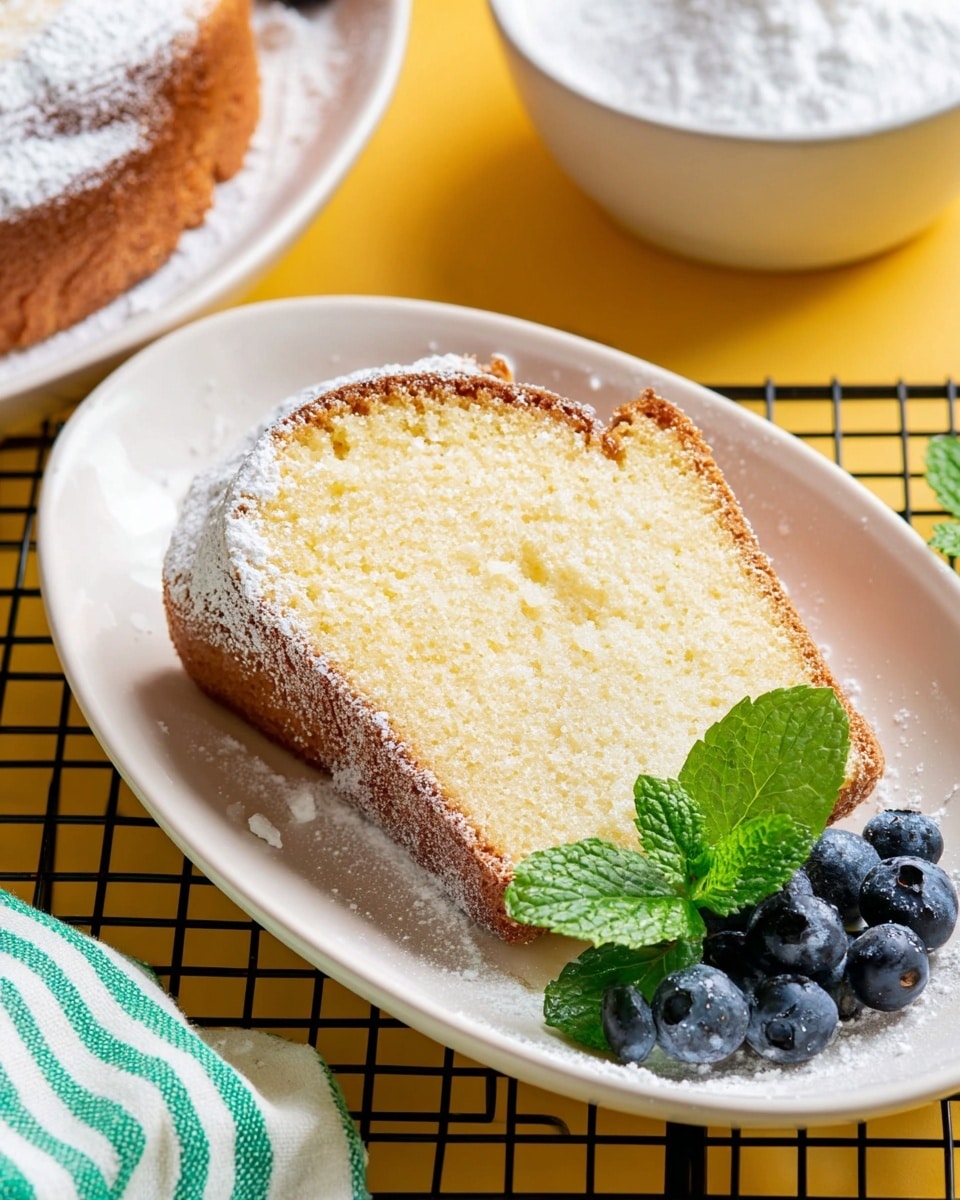 A white oval plate holds one thick slice of light golden pound cake with a slightly darker crust around the edges. The cake slice is dusted lightly with powdered sugar, showing a fine grain texture inside. At the bottom right of the plate, a small bunch of fresh blueberries and a few sprigs of bright green mint leaves are placed as garnish. The plate sits on a yellow surface with a black grid pattern, partially next to a white bowl with powdered sugar and a green and white striped cloth is nearby. Photo taken with an iphone --ar 4:5 --v 7