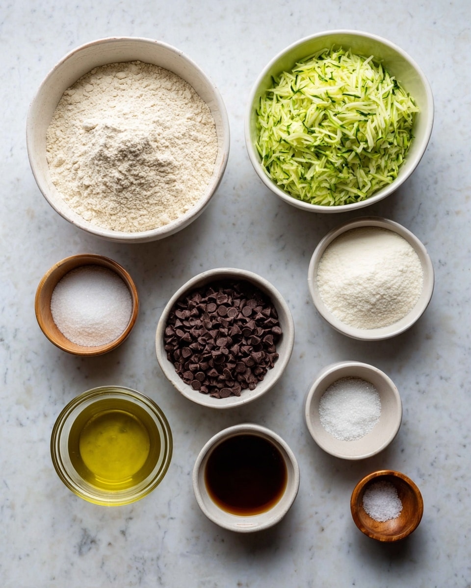 Several white bowls hold different ingredients on a white marbled surface. One large bowl is filled with pale flour, another large bowl is filled with green shredded zucchini, a third large bowl contains white sugar, and a smaller bowl has dark brown cocoa powder. A separate bowl holds dark chocolate chips. Three small wooden bowls contain salt, baking powder, and another white powdery ingredient. There is also a clear glass bowl with golden oil and a small bowl with dark brown liquid, all arranged neatly for baking preparation. Photo taken with an iphone --ar 4:5 --v 7