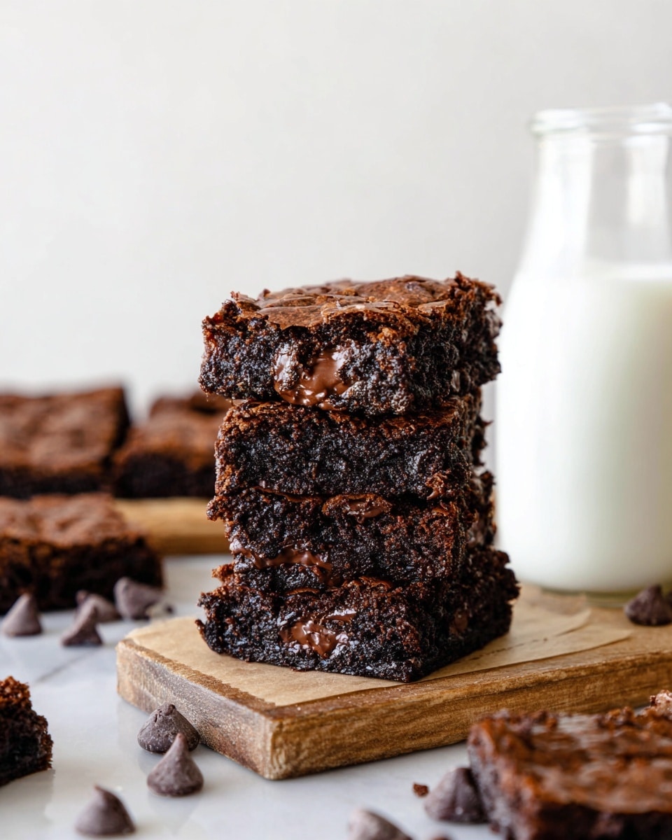 A stack of four thick, dark chocolate brownies with melted chocolate chips inside and slightly cracked tops is centered on a wooden board with parchment paper underneath, surrounded by scattered chocolate chips and more brownies in the background. The brownies have a rich, moist texture with gooey chocolate pieces visible in each layer. To the right, there is a glass milk bottle with white milk inside, set on a white marbled surface. The image is bright with a clean white background. Photo taken with an iphone --ar 4:5 --v 7