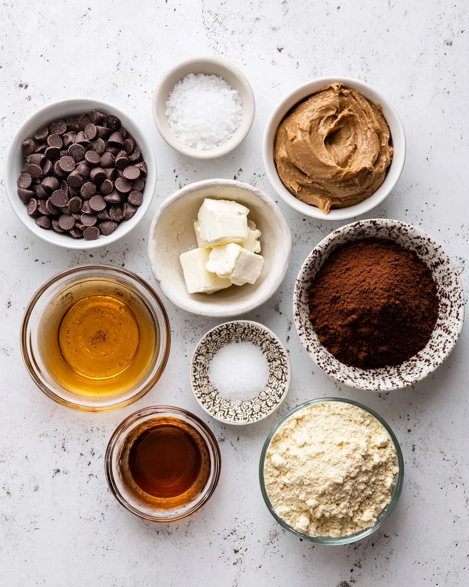 Nine small white dishes and bowls are placed on a white marbled surface, each holding different ingredients. Starting from the top left, a bowl is filled with dark brown chocolate chips which have a smooth, shiny texture. Next to it is a small bowl with coarse white salt. Below the chocolate chips is a small dish holding solid white coconut oil. In the center is a glass bowl filled with creamy brown almond butter with a smooth, thick texture. To the right of it is a white bowl with fine, dark brown cocoa powder. Next is a decorative bowl with a dark amber liquid, likely vanilla extract. Below the salt bowl is another small white dish with fine white baking soda or powder. On the bottom left is a white bowl filled with clear, golden honey with a sticky, shiny surface. Next to the honey is a glass bowl containing light yellow almond flour with a coarse, crumbly texture. Lastly, at the bottom right is a smaller glass bowl filled with light brown powder resembling a protein or cocoa blend. photo taken with an iphone --ar 4:5 --v 7
