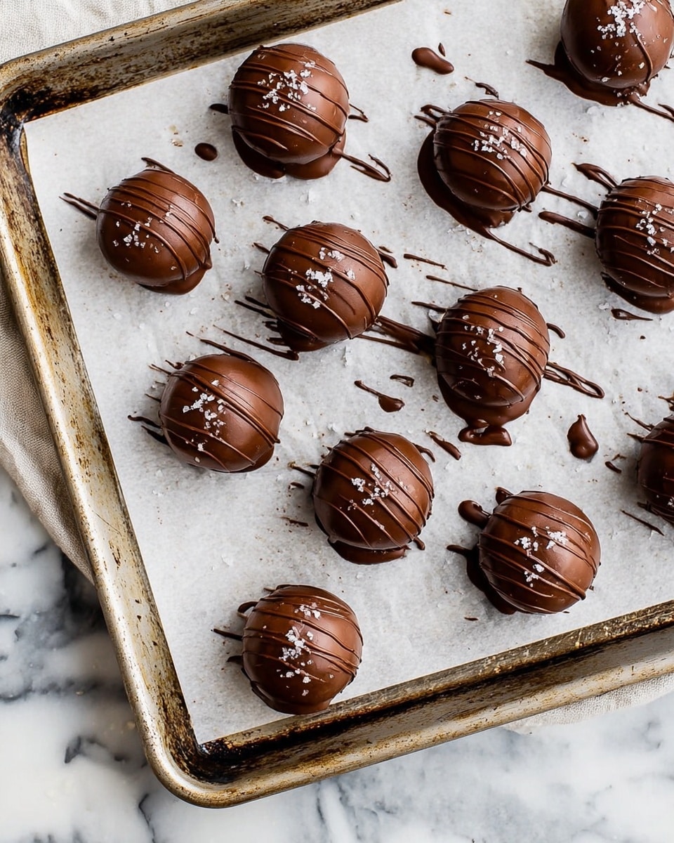 There is a metal tray with white parchment paper on top, holding about eighteen round chocolate balls. Each ball is smooth and shiny with a dark brown chocolate coating. Thin lines of darker chocolate drizzle decorate the top of each ball, and small white flakes of sea salt are sprinkled on them. Some chocolate drips and smudges spread on the parchment paper around the balls. The tray's metal edges show some light stains and wear. The whole scene is set on a white marbled surface. photo taken with an iphone --ar 4:5 --v 7