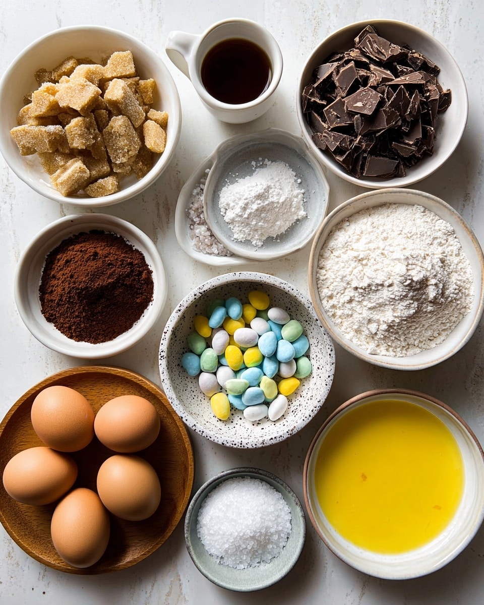 A white marbled surface holds several small white bowls and one small wooden plate arranged neatly. Starting from the top left, there is a white bowl filled with light brown sugar chunks, followed by a small white cup with dark brown liquid inside. Next to it is a white bowl with chopped dark chocolate pieces. To the right, there is a white bowl filled with dark brown cocoa powder and another filled with bright yellow melted butter. Below, a wooden plate holds four brown eggs. At the center, a speckled white bowl contains broken pastel-colored candy shells, mostly yellow, blue, and white, with chocolate inside. Around these are a small white bowl of coarse dark brown powder, a large white bowl of white granulated sugar, a tiny white bowl with fine white salt, a small grey bowl with coarse sea salt, and a white bowl filled with white flour. The image shows a top view with soft lighting indicating natural light, photo taken with an iphone --ar 4:5 --v 7