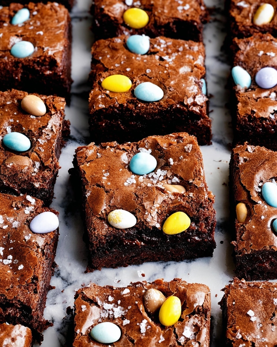 The image shows multiple square chocolate brownies arranged close together on a white marbled surface. Each brownie has a shiny, cracked, dark brown top layer with small colorful candy-coated chocolate eggs embedded on the surface, featuring light blue, yellow, white, and light brown colors. Some candies are whole, while others are cracked, revealing a milk chocolate inside. The brownies are thick, showing a moist and dense chocolate layer beneath the cracked top. There are small flakes of sea salt sprinkled over the brownies, adding texture and contrast. Photo taken with an iphone --ar 4:5 --v 7