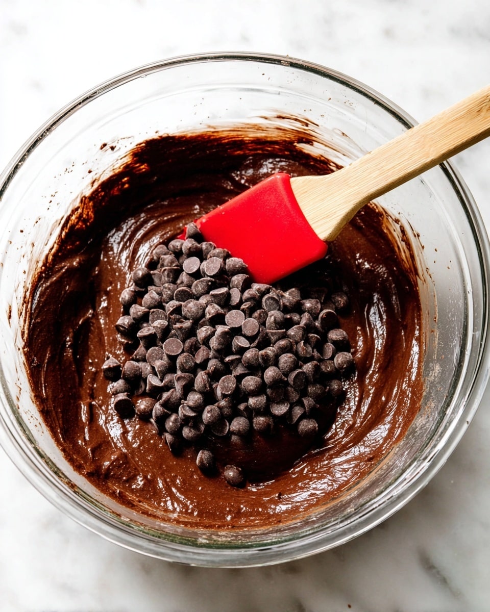 The image shows a clear glass bowl filled with thick, dark brown chocolate batter. On top of the batter, there is a pile of small, dark chocolate chips spread mostly in the center. A wooden spatula with a red silicone head is partially dipped in the batter and rests inside the bowl. The background is a white marbled surface. photo taken with an iphone --ar 4:5 --v 7