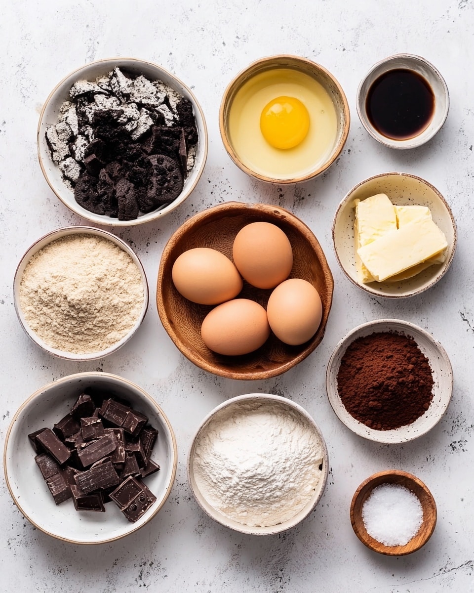 The image shows a top view of baking ingredients arranged on a white marbled surface. There are nine containers holding different ingredients: a white bowl with crushed black and white cookies, a wooden bowl with four brown eggs in the center, a white bowl with melted butter, a white bowl with light brown sugar, a white bowl with chopped dark chocolate chunks, a white bowl holding dark cocoa powder, a white bowl with white flour, a small wooden bowl with salt, and a small white bowl with dark liquid, likely vanilla extract, all spaced evenly and neatly placed. photo taken with an iphone --ar 4:5 --v 7