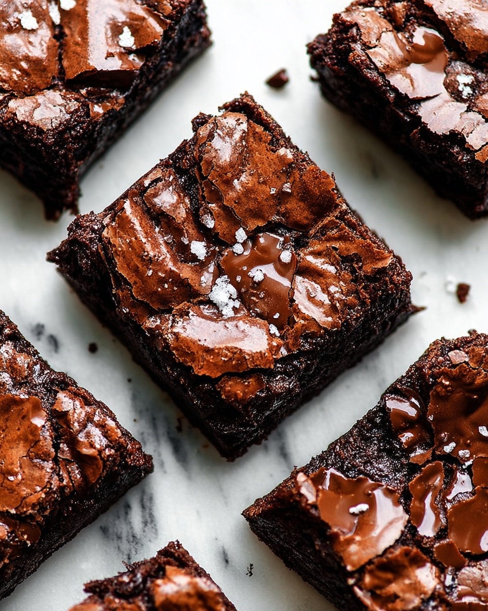 The image shows several square pieces of chocolate brownies on a white marbled surface. Each brownie has a cracked, shiny top layer that is dark brown with visible chunks of melted chocolate creating glossy spots and streaks. Light reflections highlight the slightly rough texture of the top crust. The brownies appear thick with a dense interior, and some salt flakes are visible on top adding a contrasting white detail. Photo taken with an iphone --ar 4:5 --v 7