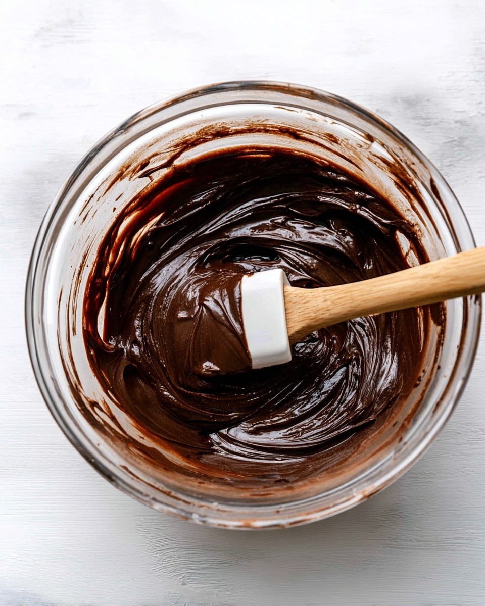 A clear glass bowl filled with thick, dark chocolate batter that looks smooth and shiny. The batter sticks to the sides of the bowl showing swirls from mixing. A wooden spatula with a white silicone tip is dipped into the batter, resting inside the bowl. The bowl is set on a white marbled surface that gives a clean and bright look. photo taken with an iphone --ar 4:5 --v 7
