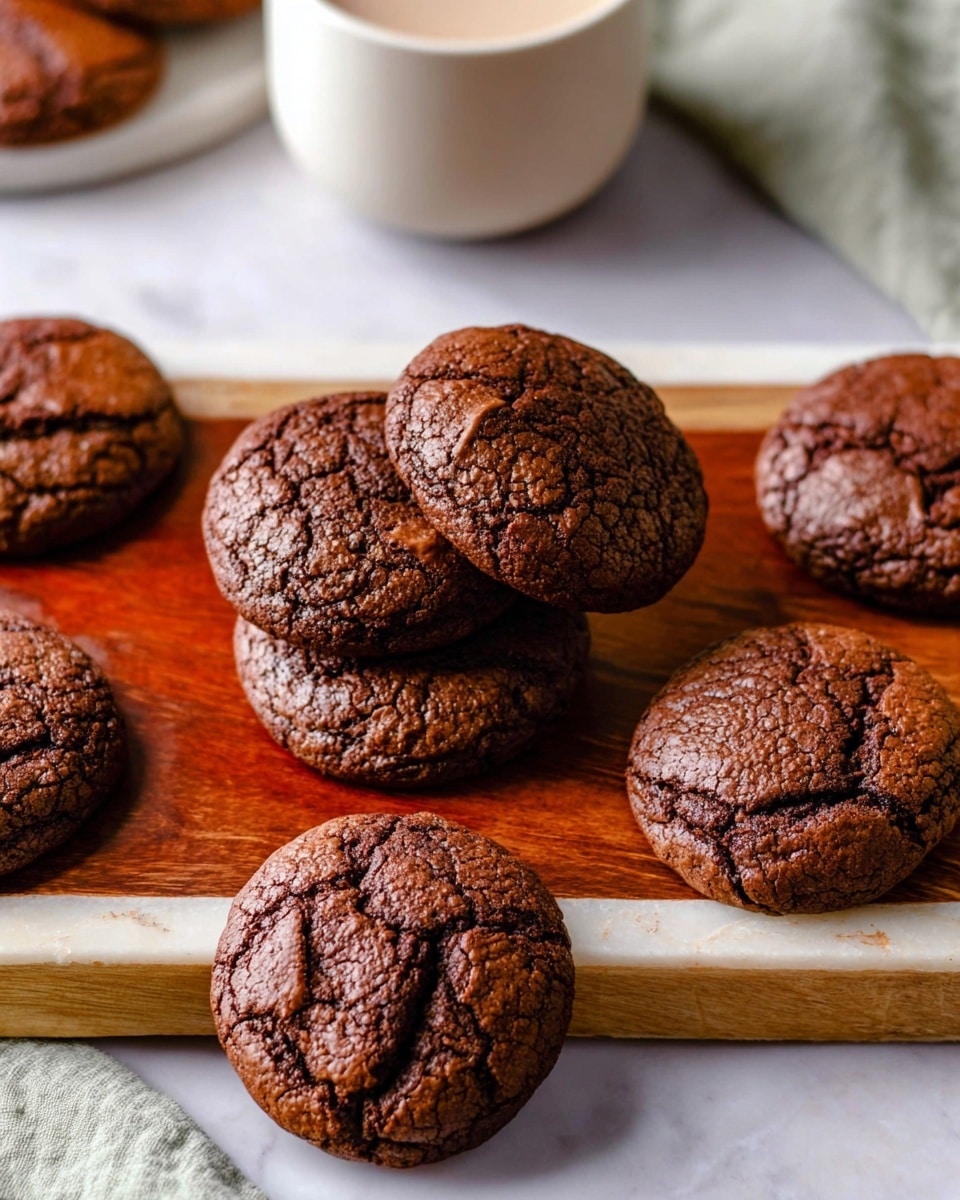 The image shows a group of dark brown cookies with a cracked texture on top, arranged in different spots. Some cookies are placed directly on a white marbled surface, while others are on a wooden board with warm reddish and brown tones. The cookies have a slightly shiny, rough surface with visible cracks running over each one, showing a dense and rich texture. To the side, there is a white cup with a beverage, possibly milk, slightly out of focus in the background. photo taken with an iphone --ar 4:5 --v 7