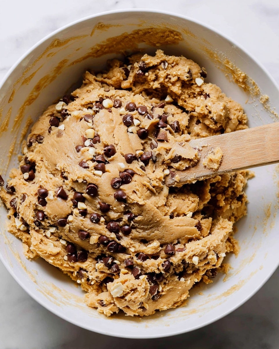 A large white bowl filled with thick, light brown cookie dough mixed with dark chocolate chips and small light beige nut pieces. A wooden spatula is stuck into the dough, showing its slightly chunky texture. The dough fills most of the bowl, with some bits sticking to the sides. The surface under the bowl is a white marbled texture. photo taken with an iphone --ar 4:5 --v 7