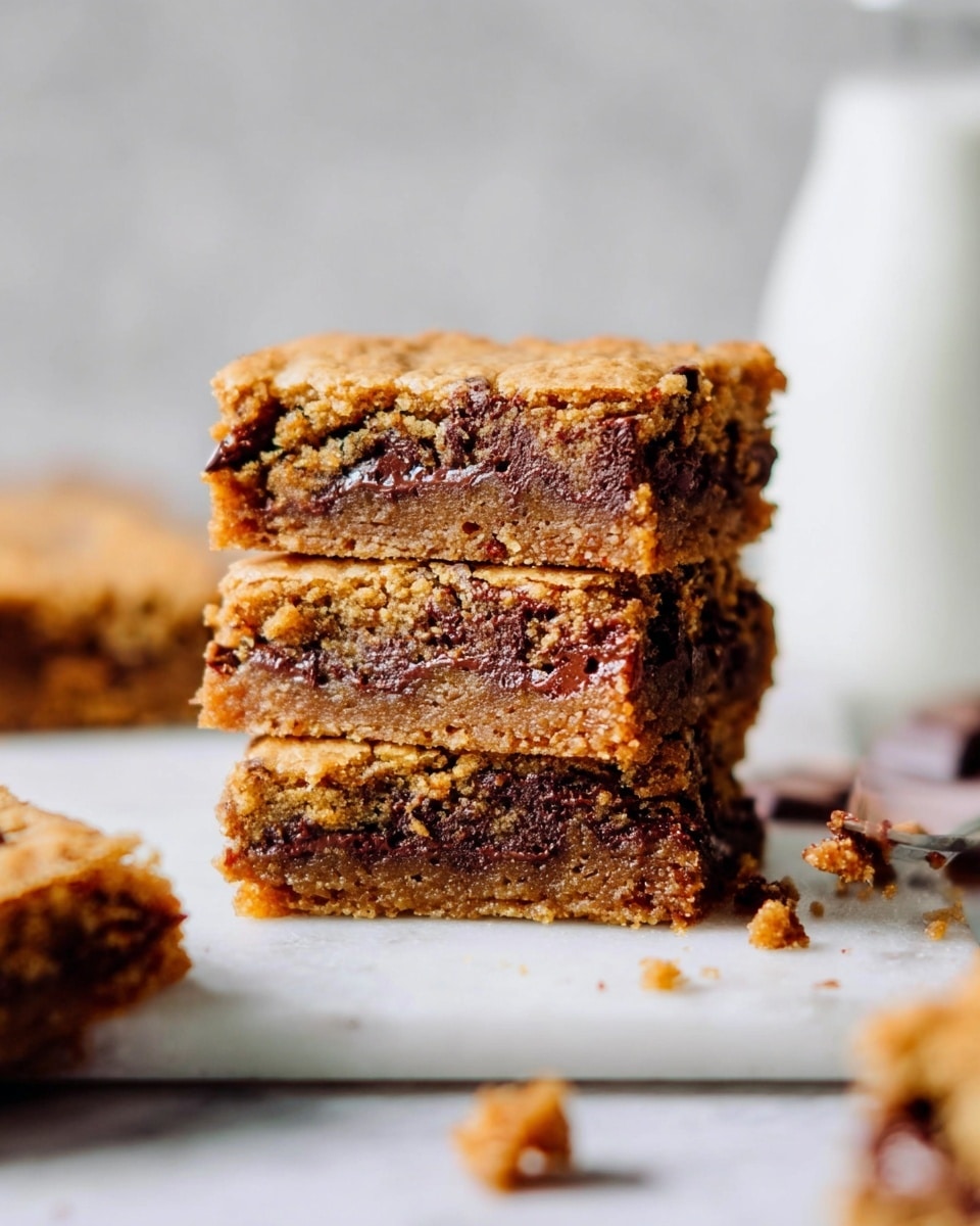A stack of three rectangular chocolate chip cookie bars with a golden brown top layer and a slightly darker, moist interior filled with melted chocolate chips is placed on a white marble slab. The bars show a soft, chewy texture with visible chocolate chunks embedded throughout. Around the stack are a few scattered crumbs and a piece of a broken bar. The background features a blurred white bottle and a light, soft focus with a white marbled surface. photo taken with an iphone --ar 4:5 --v 7