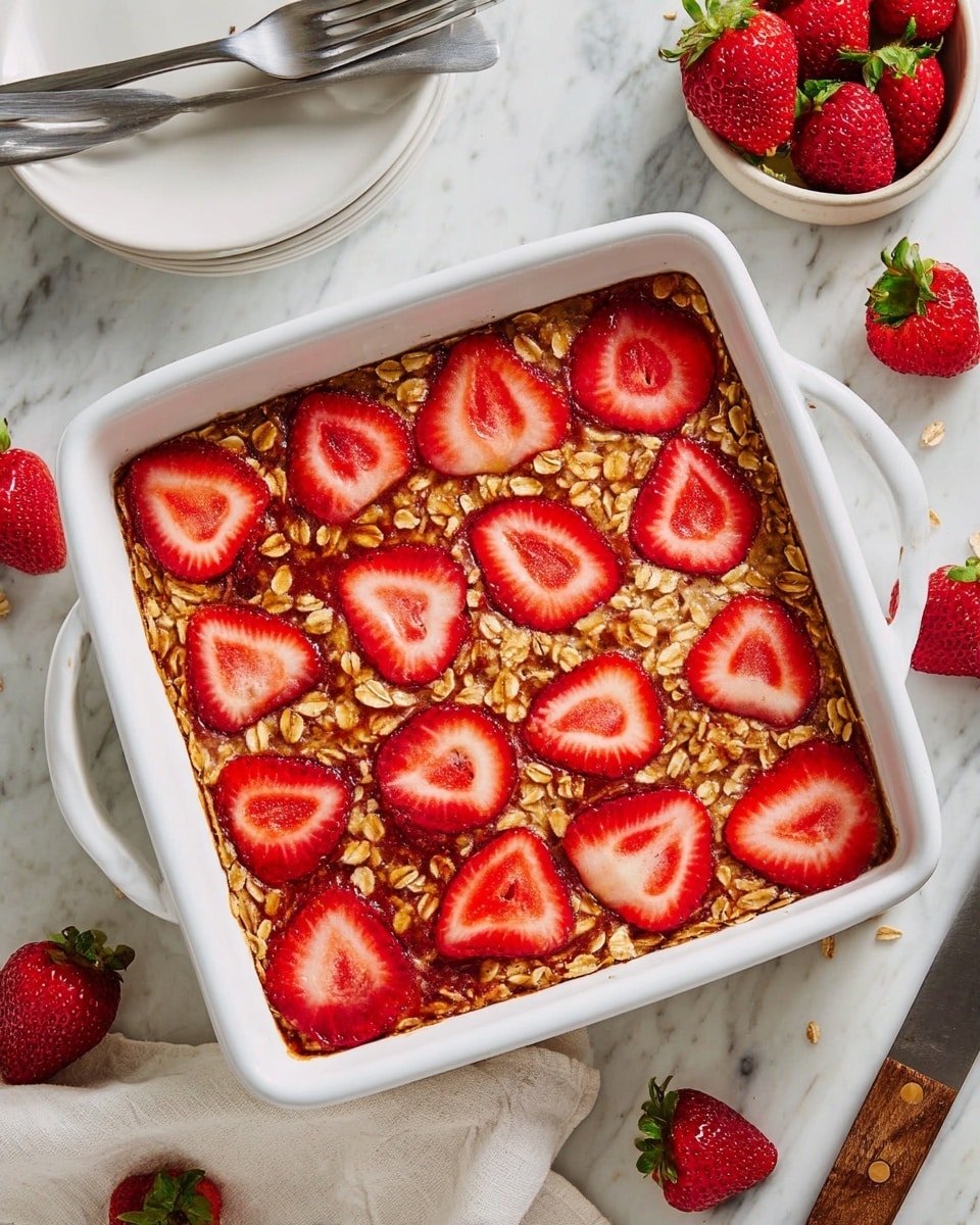 A square white baking dish holds a single thick layer of baked oatmeal topped with many slices of red strawberries spread evenly across the surface, with visible oat flakes mixed within the golden-brown baked base. The dish sits on a white marbled surface scattered with whole fresh strawberries, an oatmeal bowl, and a knife near the top right corner. A white plate with two forks rests at the upper left side of the image. photo taken with an iphone --ar 4:5 --v 7