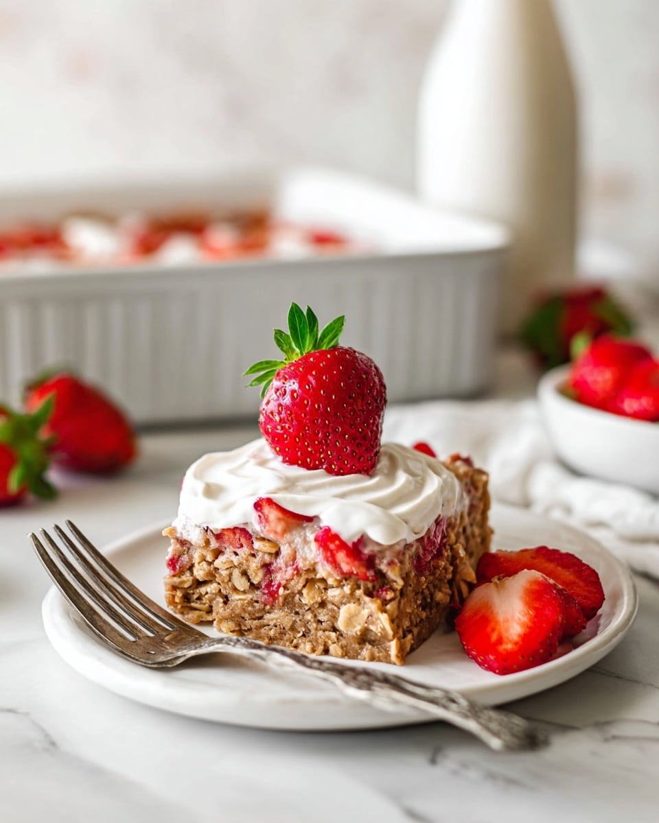 A square piece of oatmeal strawberry baked dish sits in the center of a white plate. The bottom layer is a chunky, golden-brown oatmeal mix with bits of red strawberries inside. On top of this is a layer of whole sliced strawberries, covered by a thick swirl of white cream. One half strawberry with a green leaf sits on top of the cream, adding bright red and green colors. Next to the square piece are two more bright red halved strawberries. A silver fork lies on the left side of the plate. In the background, there is a white baking dish with more of the oatmeal dish, and a white bottle on a white marbled surface. Photo taken with an iphone --ar 4:5 --v 7