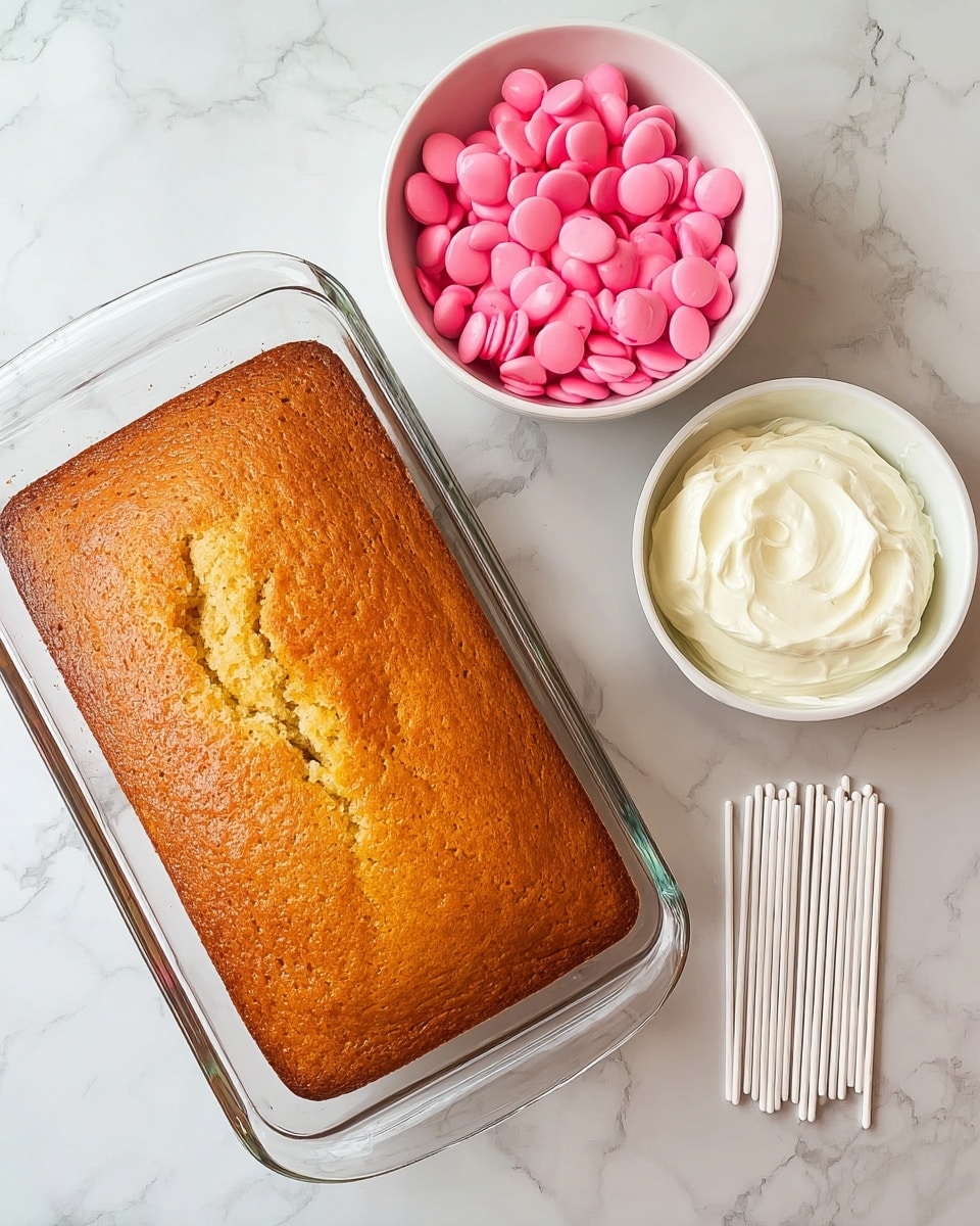 A golden-brown rectangular cake with a slightly cracked top sits inside a clear glass baking dish on a white marbled surface. To the left of the cake is a white bowl filled with bright pink chocolate discs, and below it is another white bowl holding a smooth, creamy white frosting. Between the two bowls and the cake, there is a neat stack of white cake pop sticks aligned vertically. Photo taken with an iphone --ar 4:5 --v 7