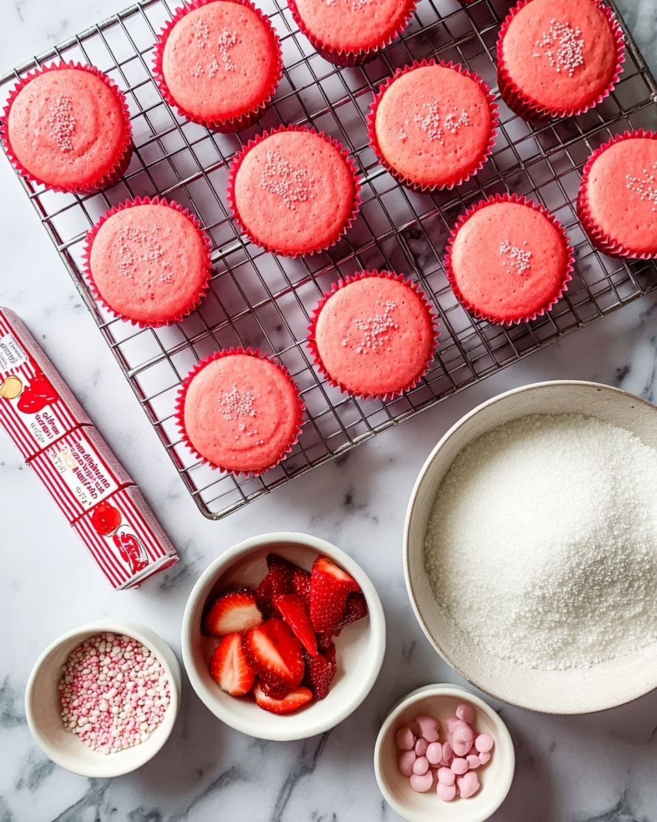 The image shows a cooling rack filled with bright pink cupcakes in red liners, arranged in rows on a white marbled surface. Next to the rack, a stick of salted cream butter wrapped in red and white paper lies horizontally. Below the butter, three small white bowls hold different ingredients: one with sliced red strawberries, another with small white and pink round sprinkles, and the last with red strawberry jam. To the right, a large white bowl is filled with white powdered sugar, which has a fluffy texture. Photo taken with an iphone --ar 4:5 --v 7