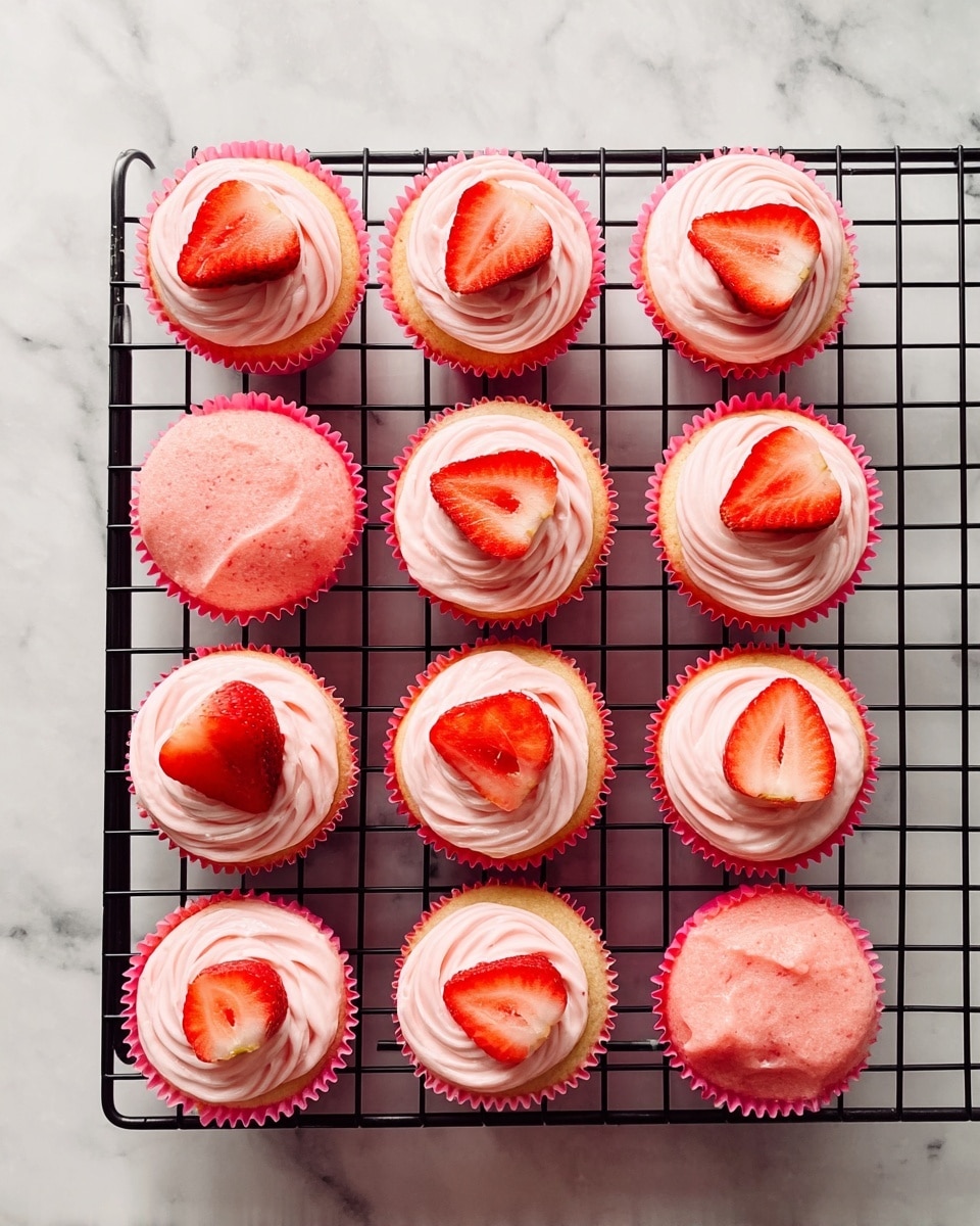 There are twelve pink cupcakes placed in four rows on a black cooling rack over a white marbled surface. Each cupcake has a light pink swirl of frosting on top, with six of them decorated with a half strawberry slice placed on the frosting. The cupcake liners are bright pink, contrasting with the soft pink frosting and the red strawberry slices. The cupcakes have a smooth texture and a uniform round shape, making the whole scene neat and colorful. photo taken with an iphone --ar 4:5 --v 7
