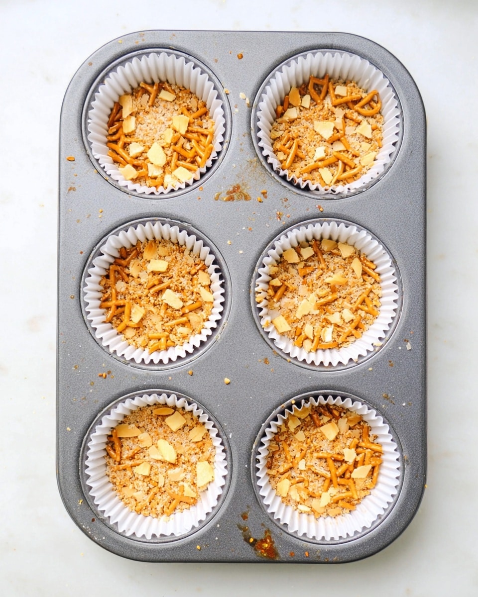 A gray metal muffin tray holds six white paper cupcake liners, each filled with a single layer of broken golden-yellow pretzel pieces with some small crumbs mixed in, evenly spread at the bottom. The tray shows some slight brown marks and small crumbs scattered on its surface. The entire setup rests on a white marbled textured background. photo taken with an iphone --ar 4:5 --v 7