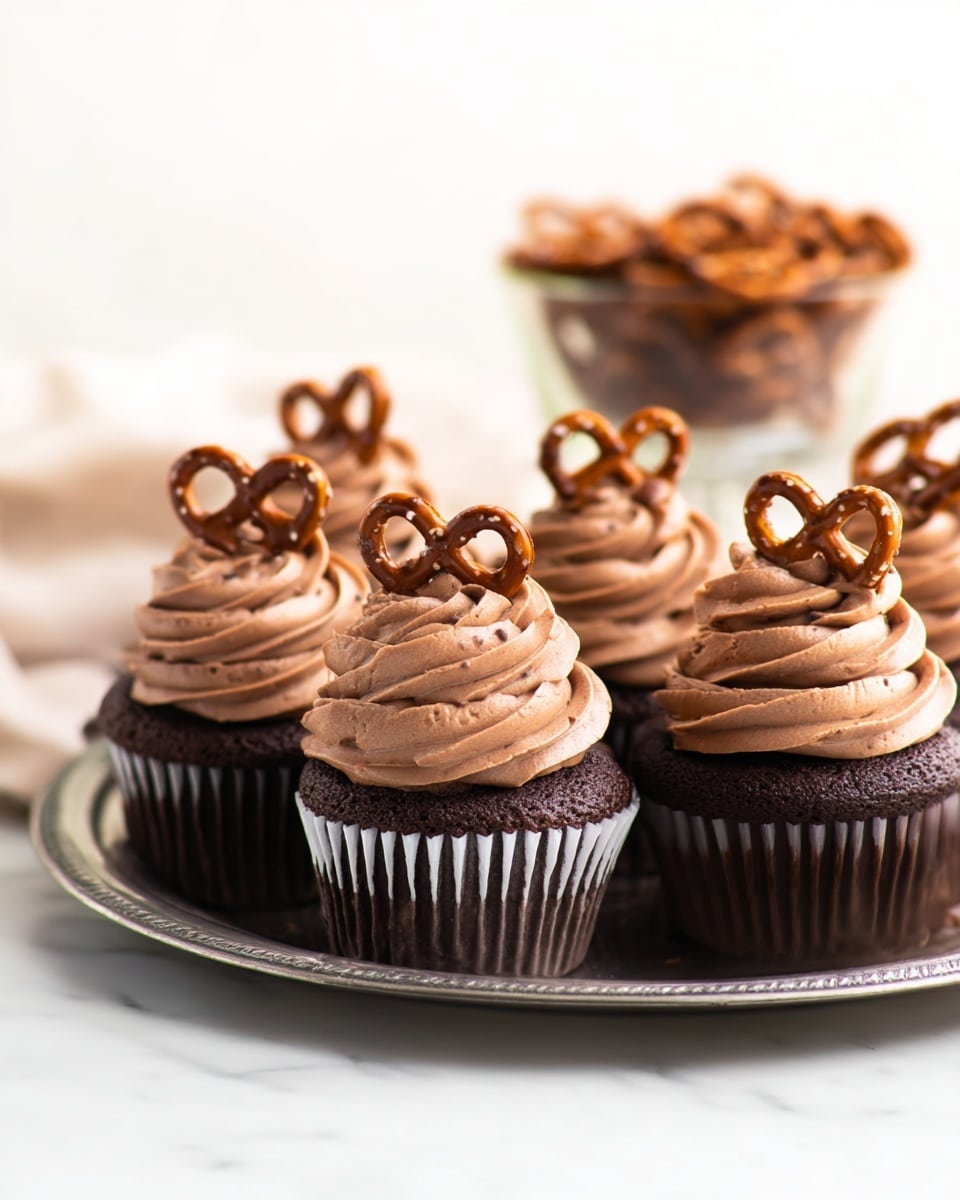 The image shows six chocolate cupcakes on a silver round tray, each cupcake having a dark brown chocolate base lined with a white wrapper. On top of each cupcake is a thick swirl of light brown chocolate frosting. Each frosting swirl is topped with a single chocolate-coated pretzel, which adds texture and height to the cupcake. The background has a soft focus with a clear bowl filled with more chocolate-coated pretzels behind the cupcakes, sitting on a white marbled surface. The whole scene looks bright and clean with soft natural light. photo taken with an iphone --ar 4:5 --v 7
