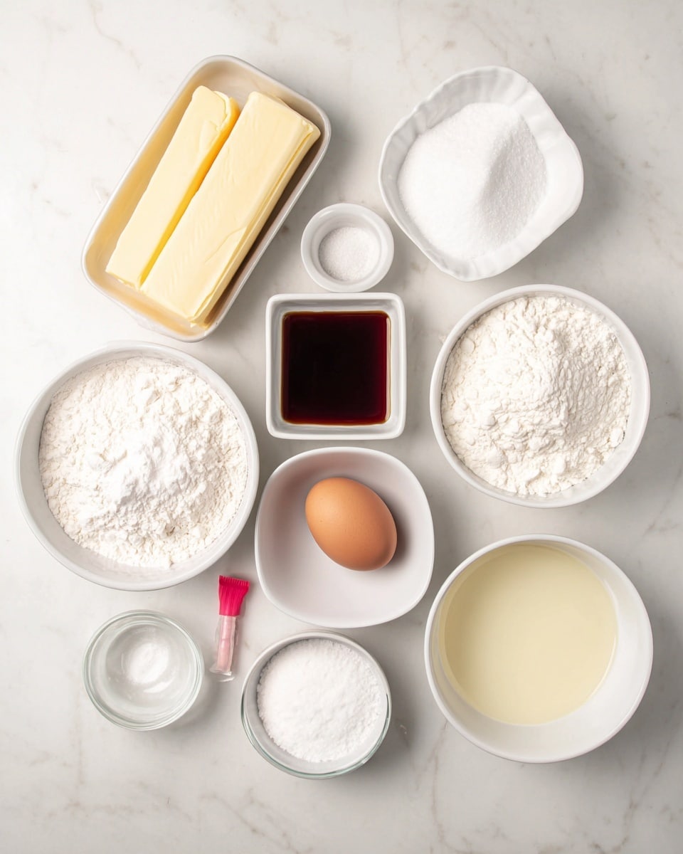 A top view of several white bowls and dishes arranged on a white marbled surface, each holding different baking ingredients: two sticks of light yellow butter in a small rectangular white dish at the top left, a small round white bowl with a small amount of white salt next to it, a square white bowl with dark brown vanilla extract below the salt, and a larger square white bowl filled with white granulated sugar at the top right. Below the butter dish is a round white bowl full of white powdered sugar, next to a smaller round white bowl with more white powdered sugar. A small tube of neon pink coloring lies diagonally between these bowls. To the right, a small round white bowl holds a brown egg, and a larger round white bowl next to it contains white flour. Another small round white bowl filled with a light yellow liquid is near the bottom left, and a round white bowl with a clear liquid is at the bottom right. The light is bright and soft, highlighting the smooth textures of the ingredients and dishes. Photo taken with an iphone --ar 4:5 --v 7
