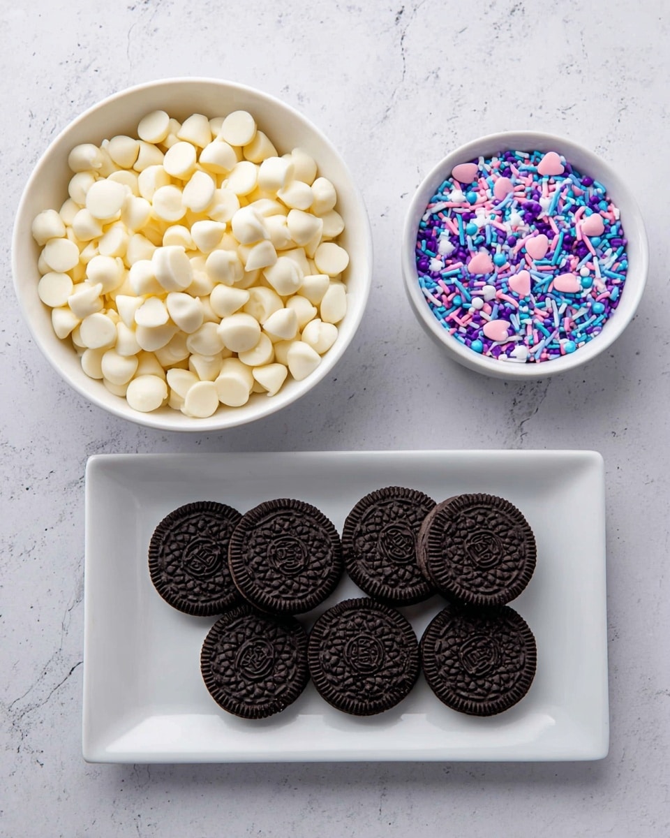 The image shows three white dishes placed on a white marbled surface. On the left, there is a round white bowl filled with many small white chocolate chips. In the middle, above the other dishes, there is a small round white bowl filled with colorful sprinkles in purple, blue, white, and pink, including hearts and small rod shapes. On the right side, a white square plate holds eight whole chocolate sandwich cookies arranged neatly in two rows, with dark brown color and detailed edges. photo taken with an iphone --ar 4:5 --v 7